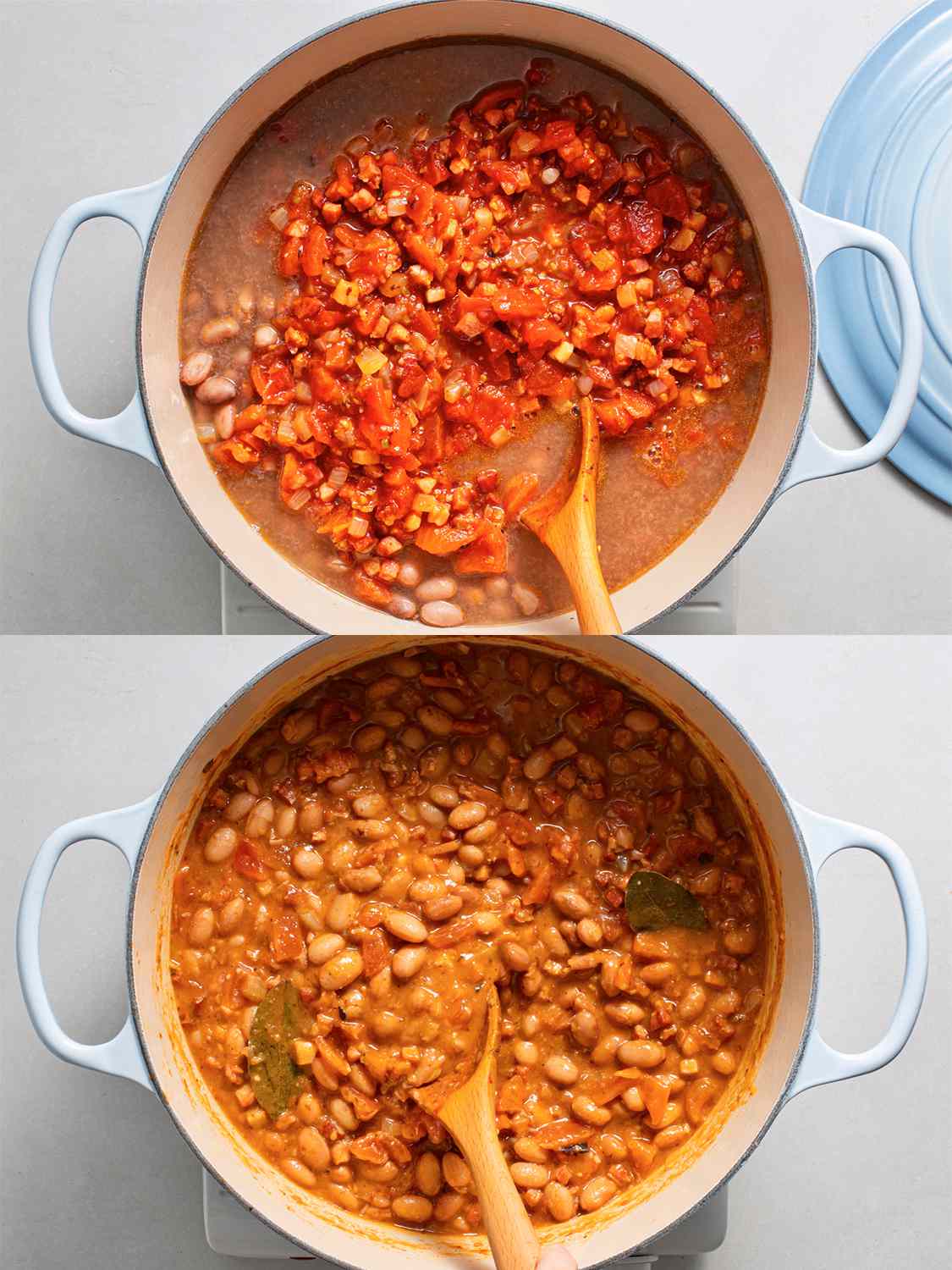 A collage showing the final cooking stages, in which the beans are added and the broth is reduced to being thick and creamy.