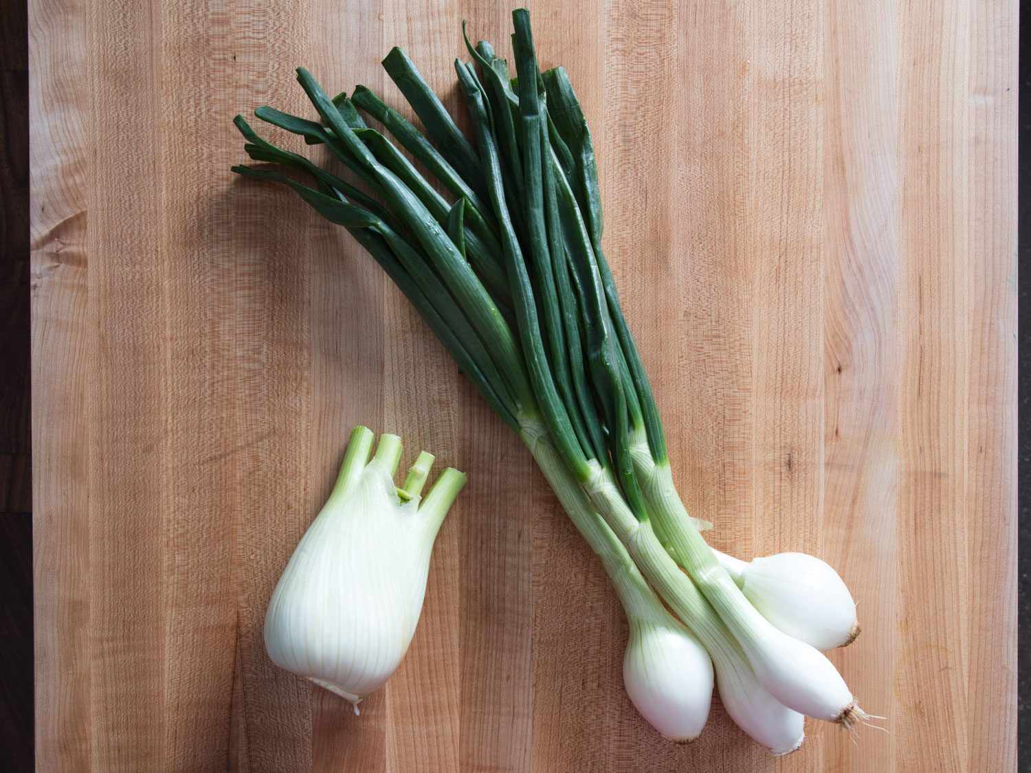 Spring onions and fennel on a cutting board.