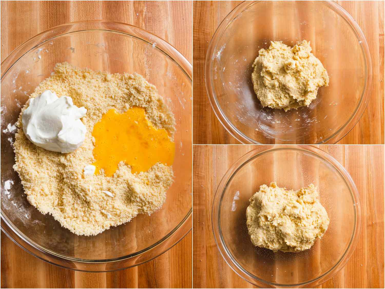 collage: eggs and yogurt added to mixture and formed into a shaggy dough