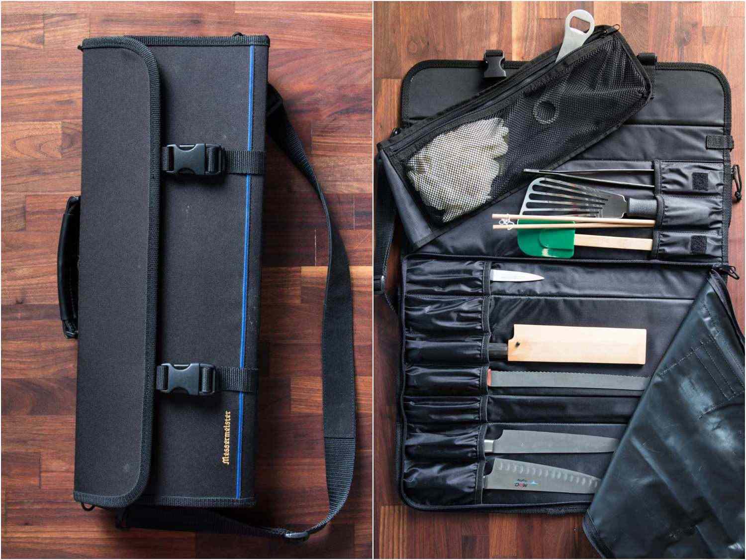 Collage of a knife storage bag, first closed, then open to reveal a variety of knives and other tools