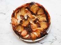 onion tarte tatin made in the mauviel skillet