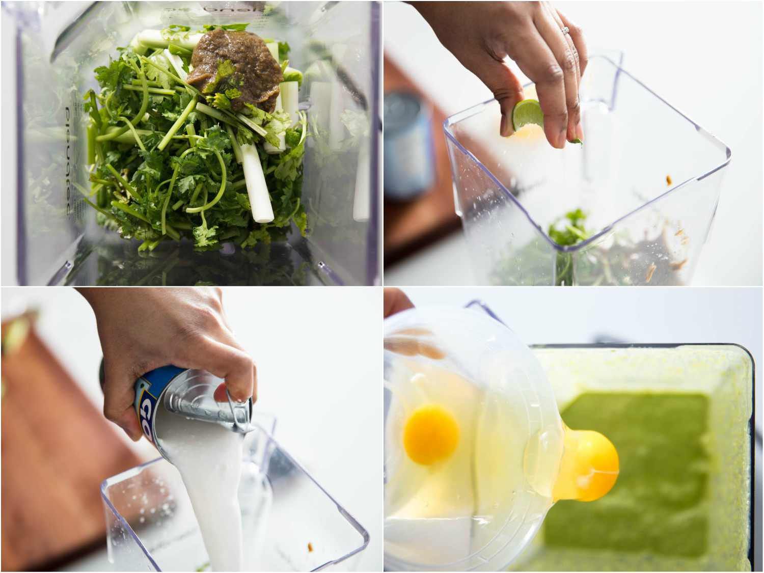 Collage showing stages of blending custard for savory French toast: herbs and curry paste in the blender, adding lime juice, adding coconut milk, adding eggs