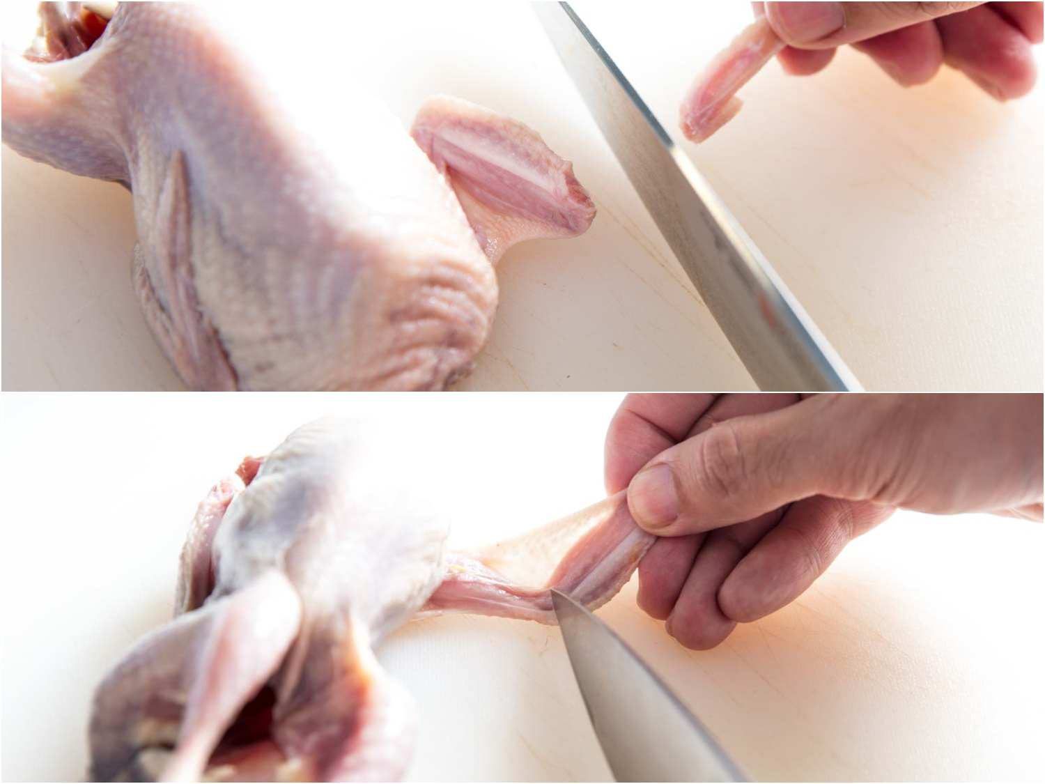 A two-image collage: The top image shows cutting the wing tips off the quail. The bottom image shows spreading the skin to identify the joints.