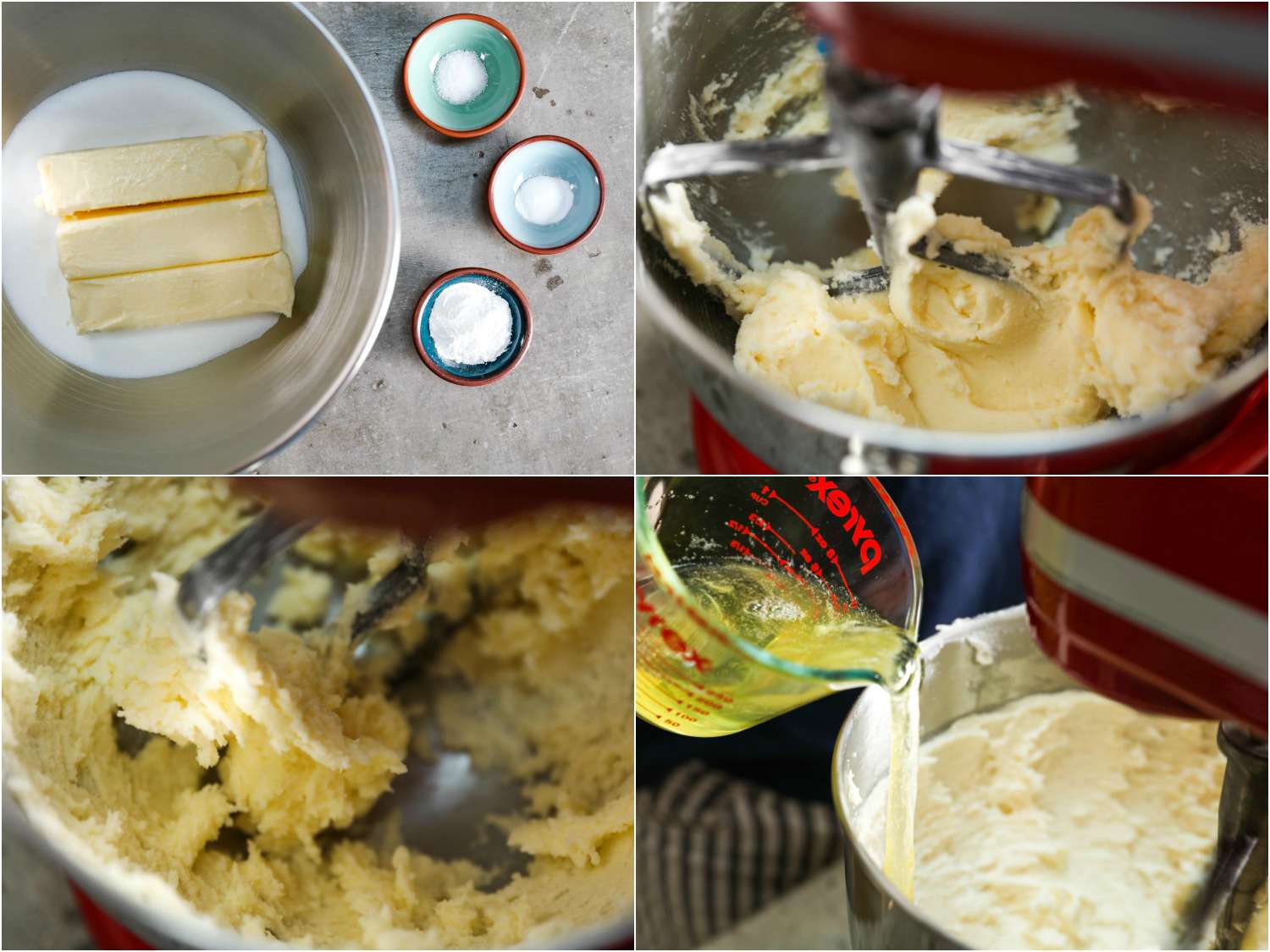 Collage of making batter for strawberry cake: sticks of butter with sugar in a stand mixer bowl, next to pinch bowls of salt, baking powder, and baking soda; creaming butter and sugar with a paddle attachment; and adding egg whites.