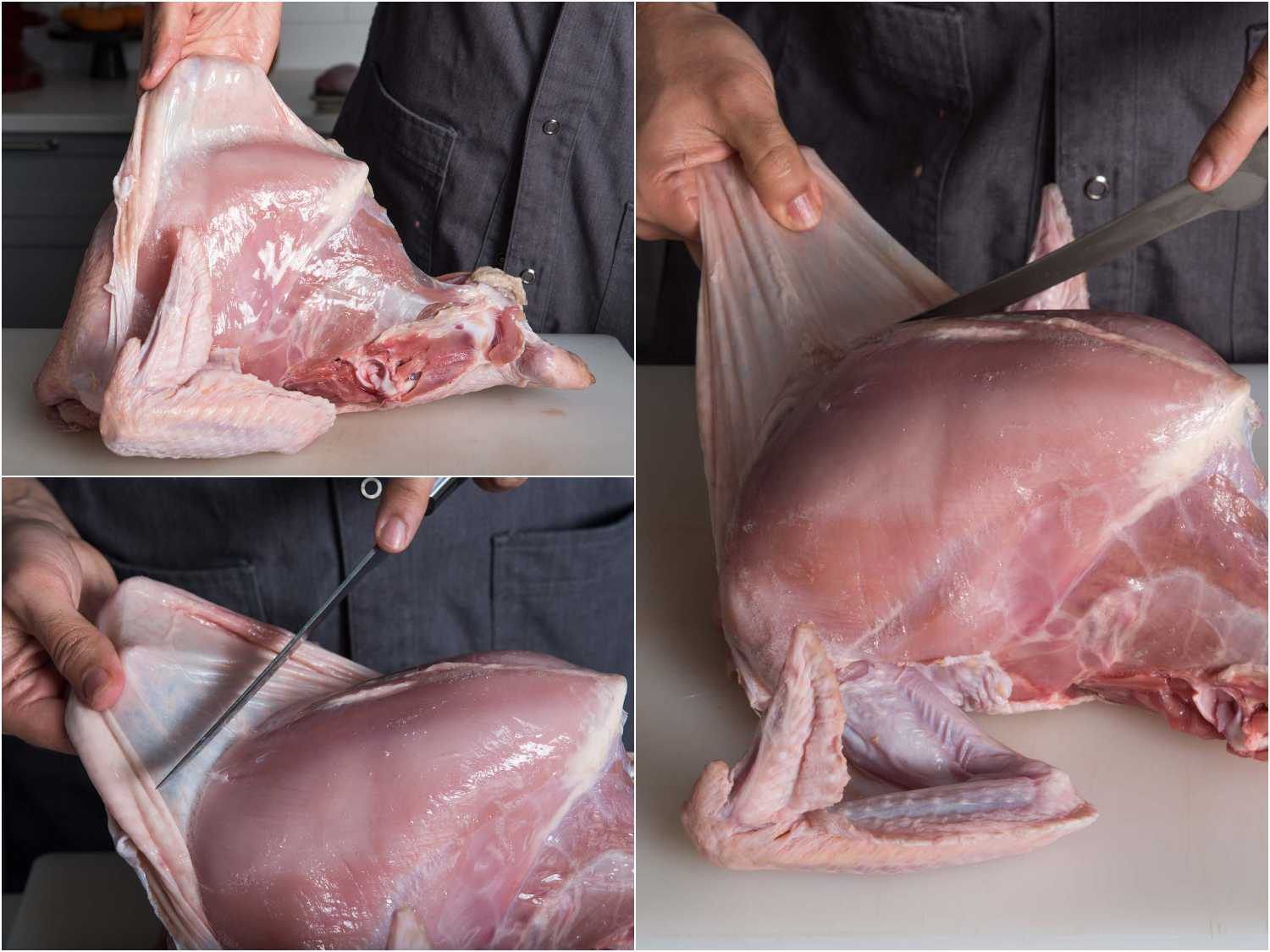 Process of removing turkey skin from the breast in one whole piece