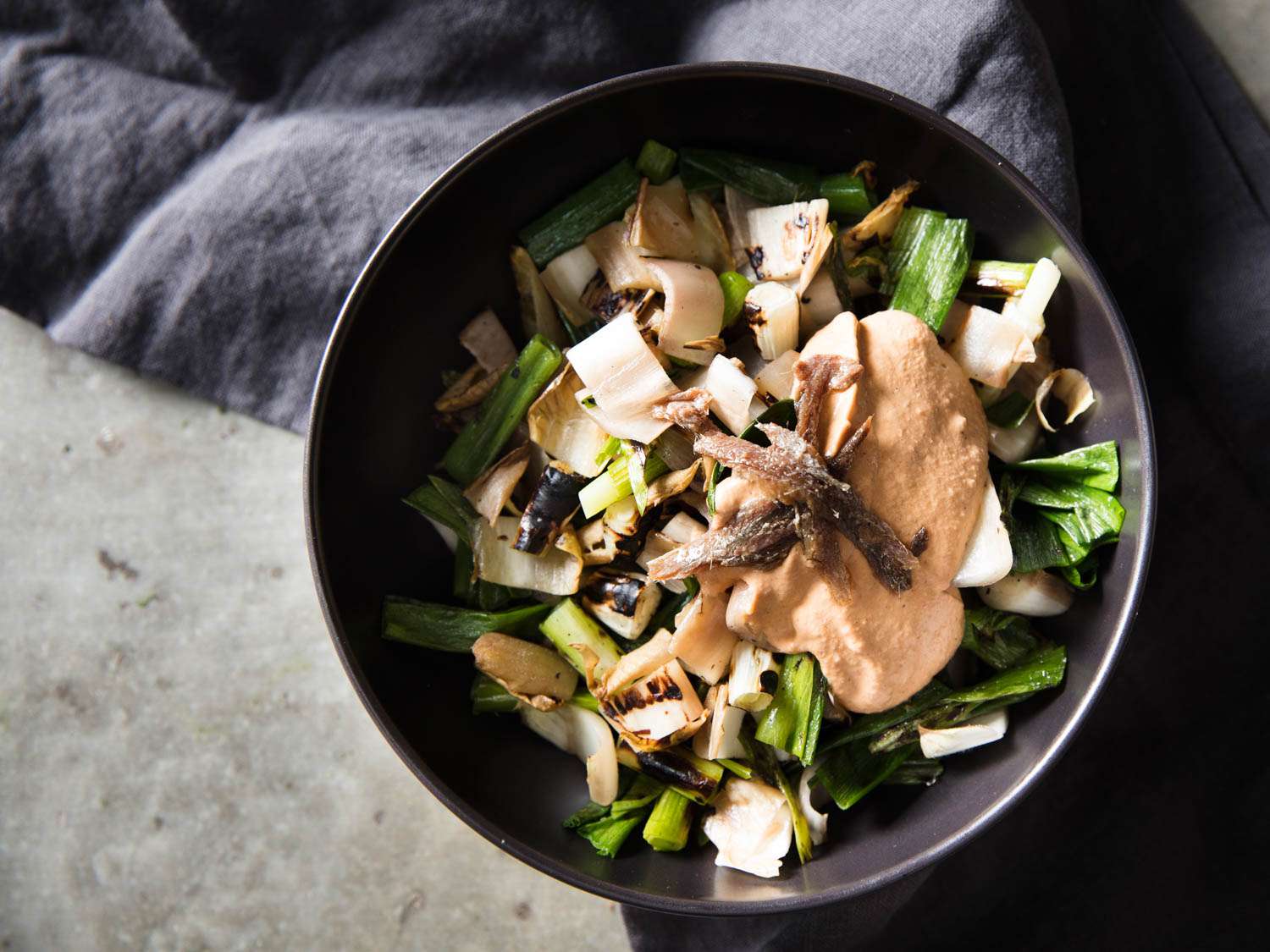 Top down view of a bowl of grilled vegetable salad. 