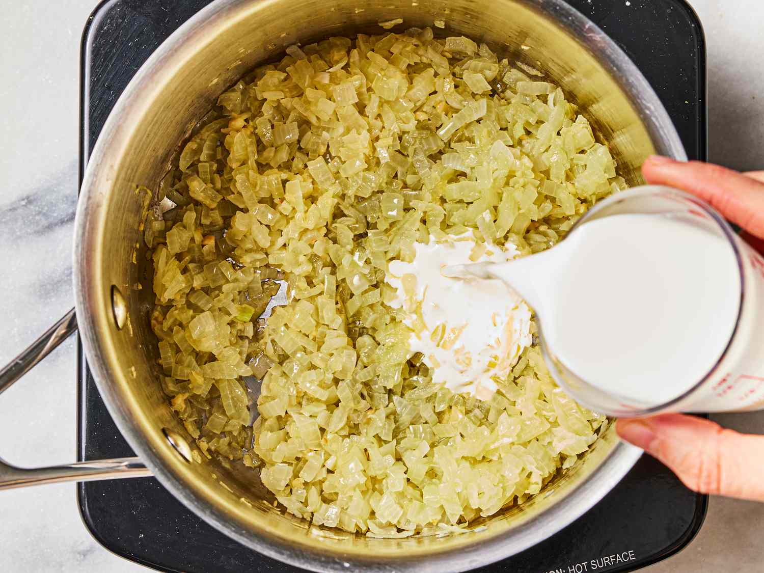 Overhead view of making sauce