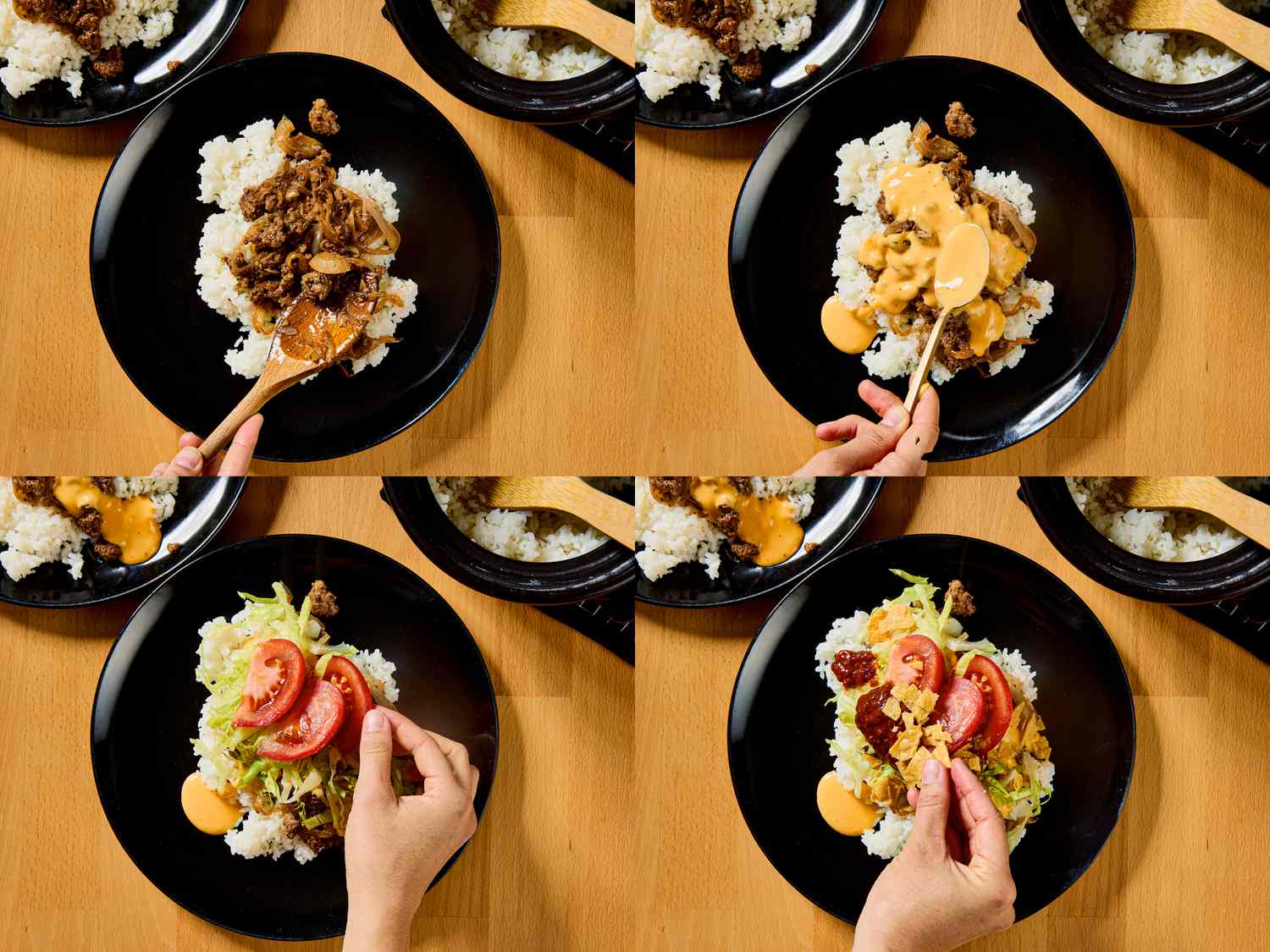 4 image collage. Top left: topping rice with beef on a plate. Top right: Topping plate with cheese sauce. Bottom Left: topping with tomatoes and lettuce. Bottom Right: garnishing with crushed chips 