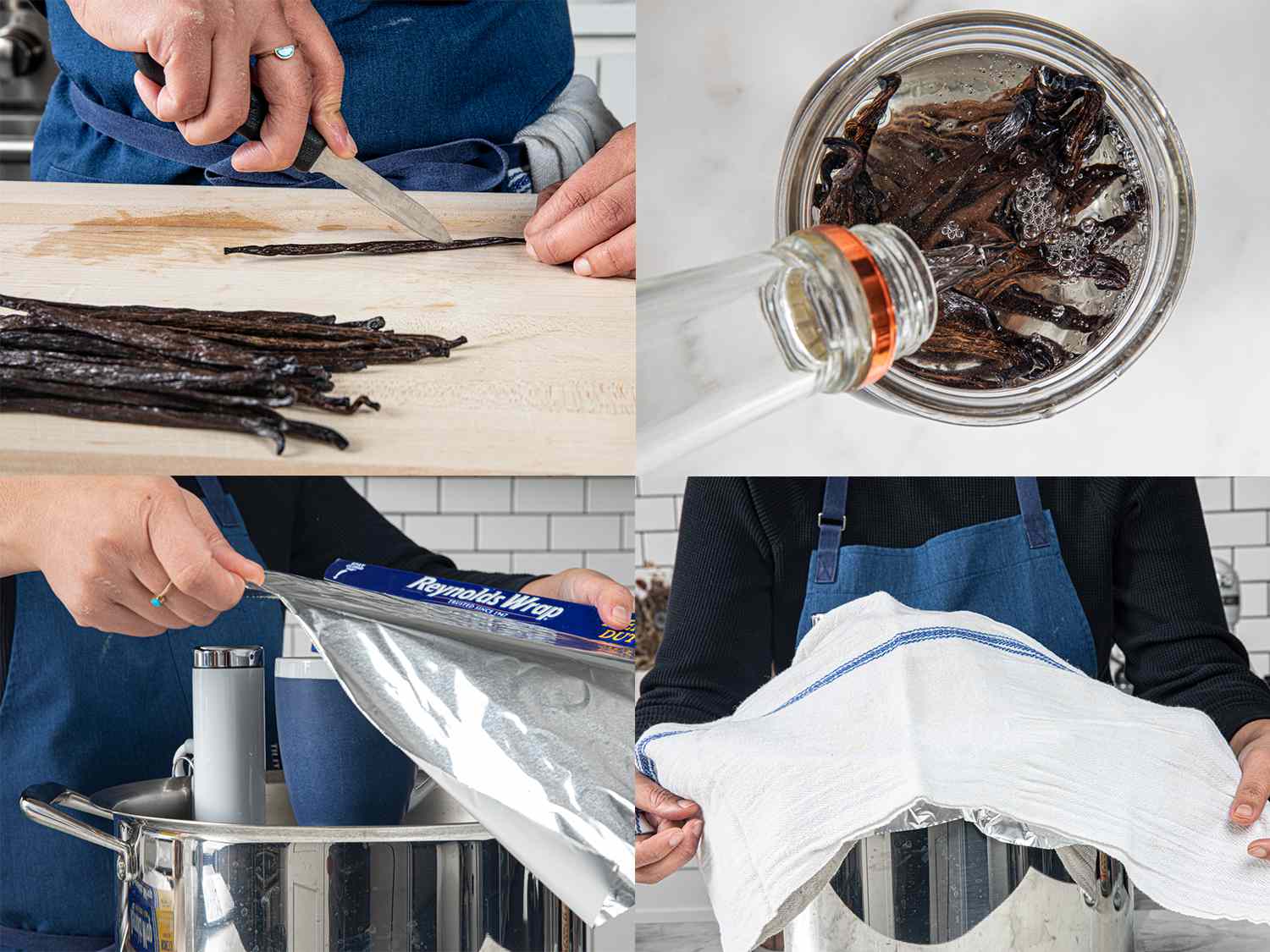 Four image collage of vanilla beans being cut in half, vodka being pouring into jar of vanilla, vanilla jar weighted down with a mug and aluminum foil being placed over it, and finally a towel being place on top 