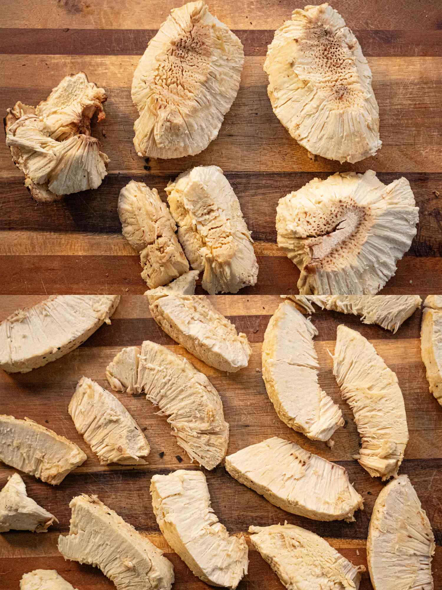 Two image collage of cutting breadfruit into slices