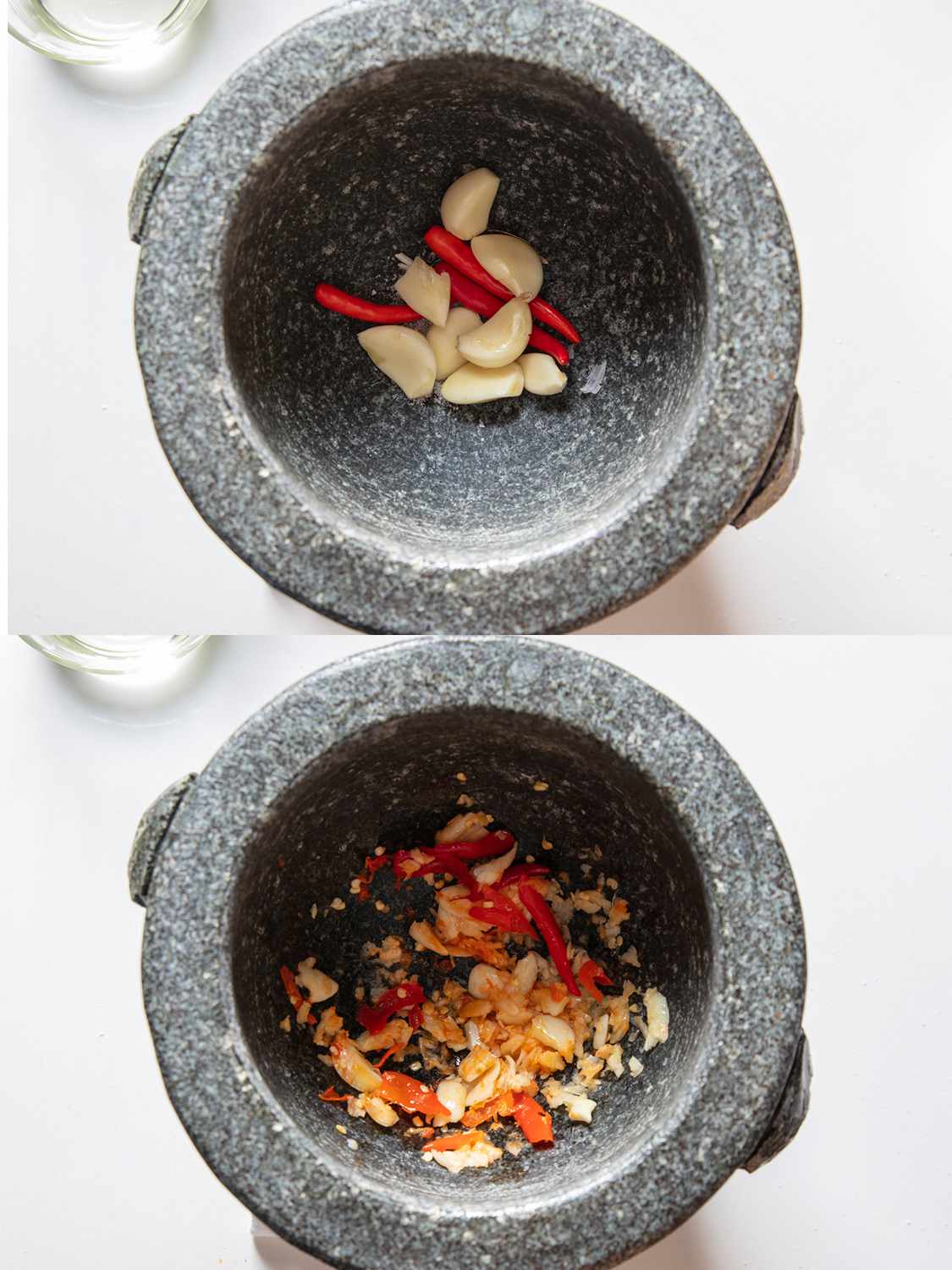Overhead view of two image collage of garlic and peppers in a mortar before and after being ground