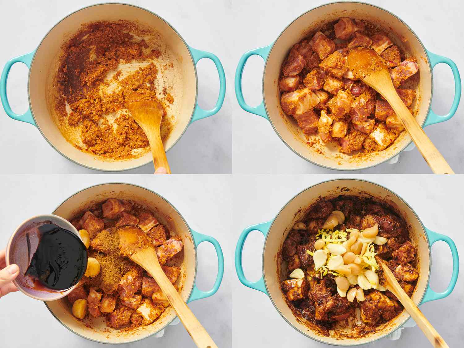 4 image collage. Top left: frying curry paste in dutch oven. Top Right: Adding in pork belly to dutch oven. Bottom Right: adding sweet soy sauce. Bottom Left: adding garlic and ginger 
