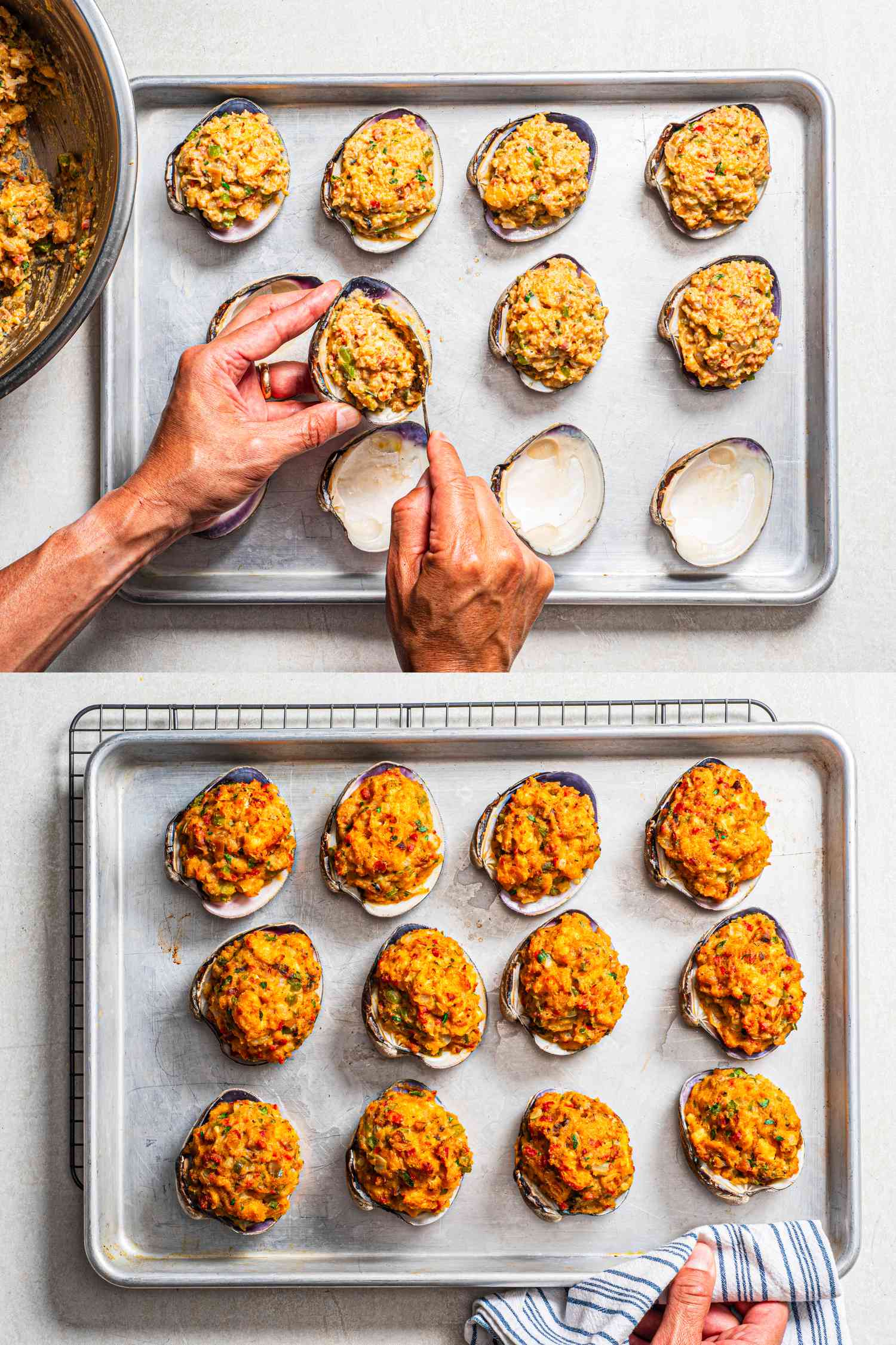 Two image collage of stuffing clam shells and then after they've been baked