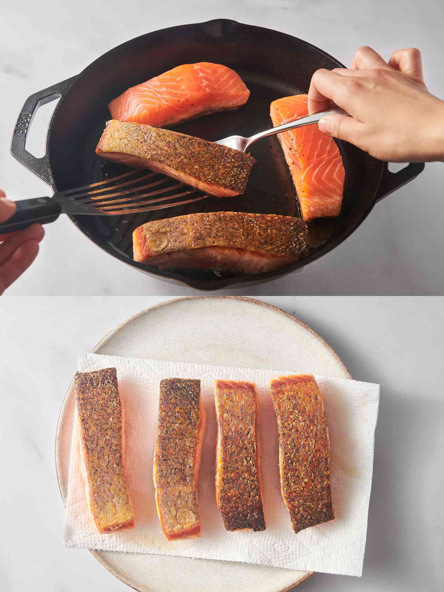 Using a spatula and fork to flip salmon fillet, and salmon fillets transferred to a paper towel-lined plate 