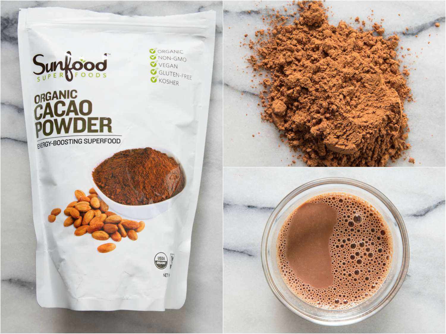Collage of Sunfood cocoa powder, by itself, in hot cocoa, and in the packaging