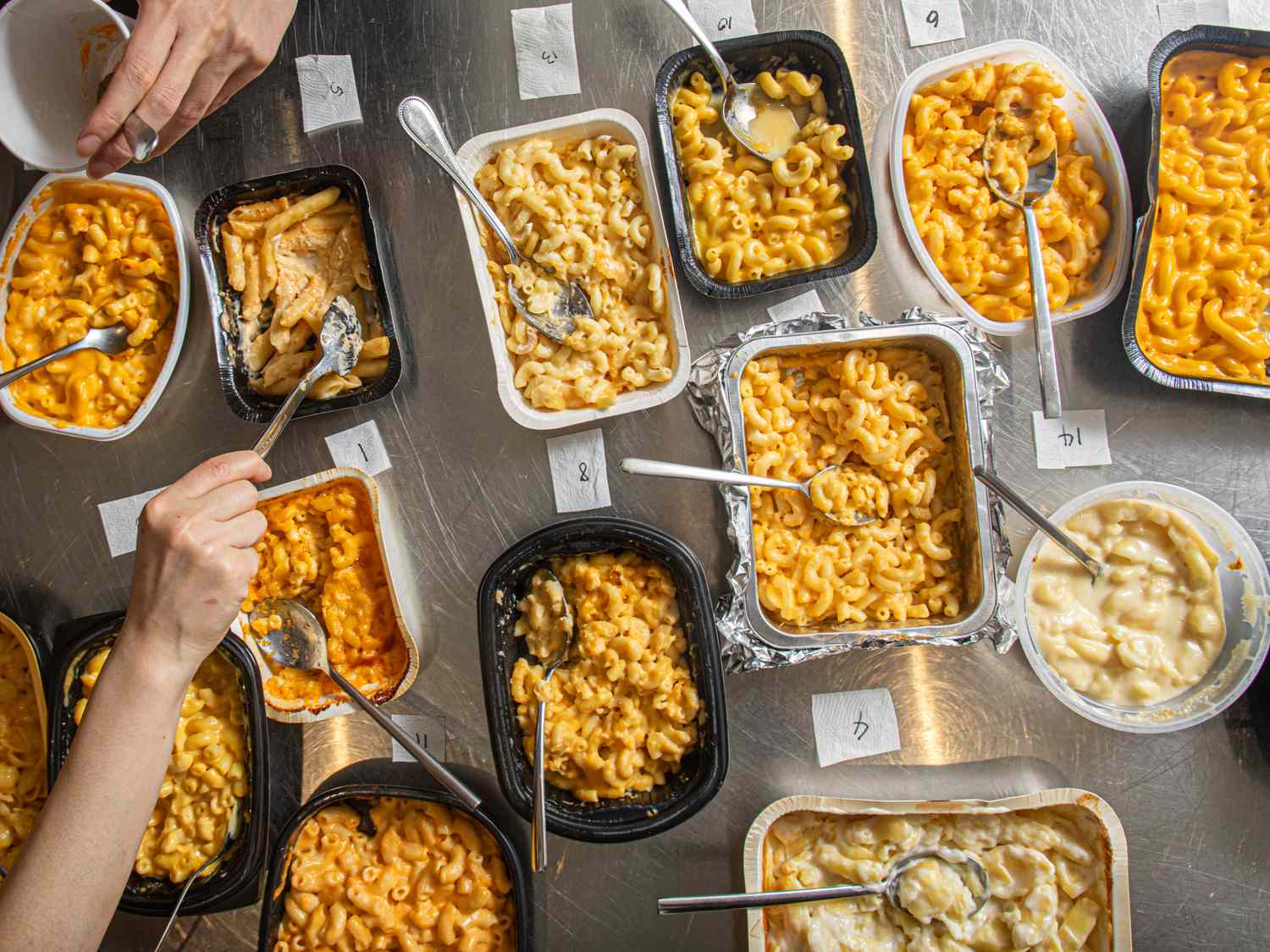 Multiple trays of mac and cheese with utensils part of a foodtasting or comparison event