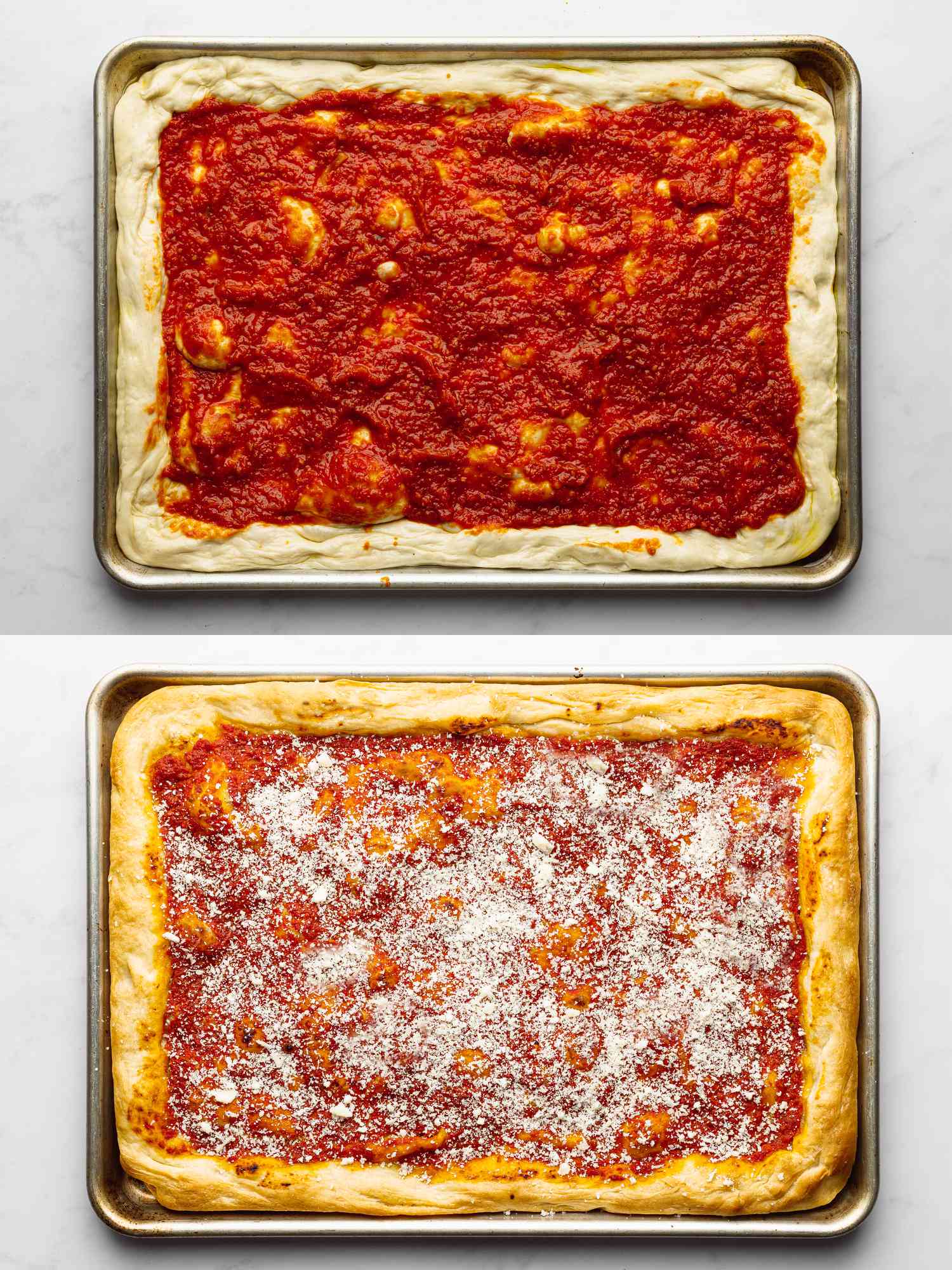 Two image collage of tomato pie before and after being baked