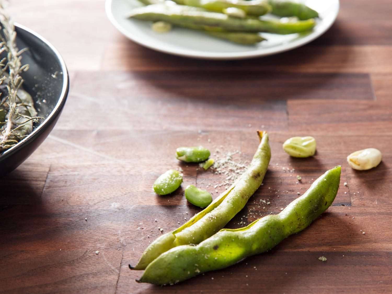 Close-up of broiled fava beans with herbed salt