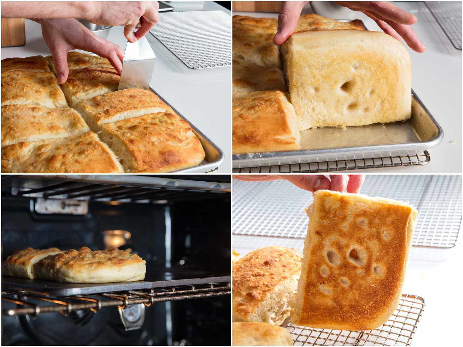 Process shots of separating pizza pieces in the sheet pan and crisping bottom crust directly on baking steel.