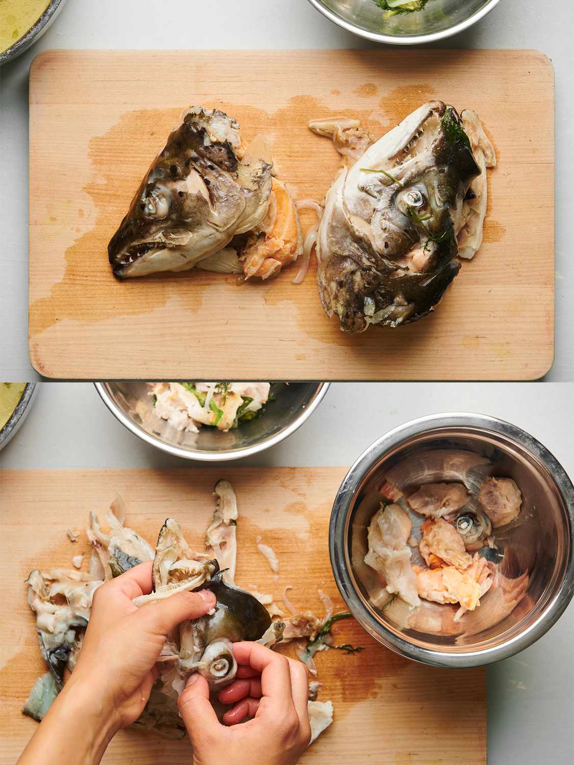 A two-image collage. The top image shows two salmon head halves removed from the sautÃ© pan and placed on a wooden cutting board, before the meat is taken off. The bottom image shows the meat and eyes being removed from the head frames.
