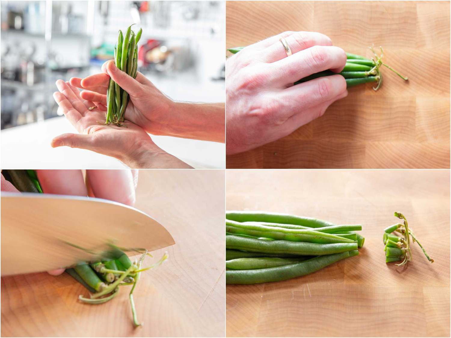 A-4 photo collage: gathering a handful of green beans, line up their stems and then trim them off with a knife.