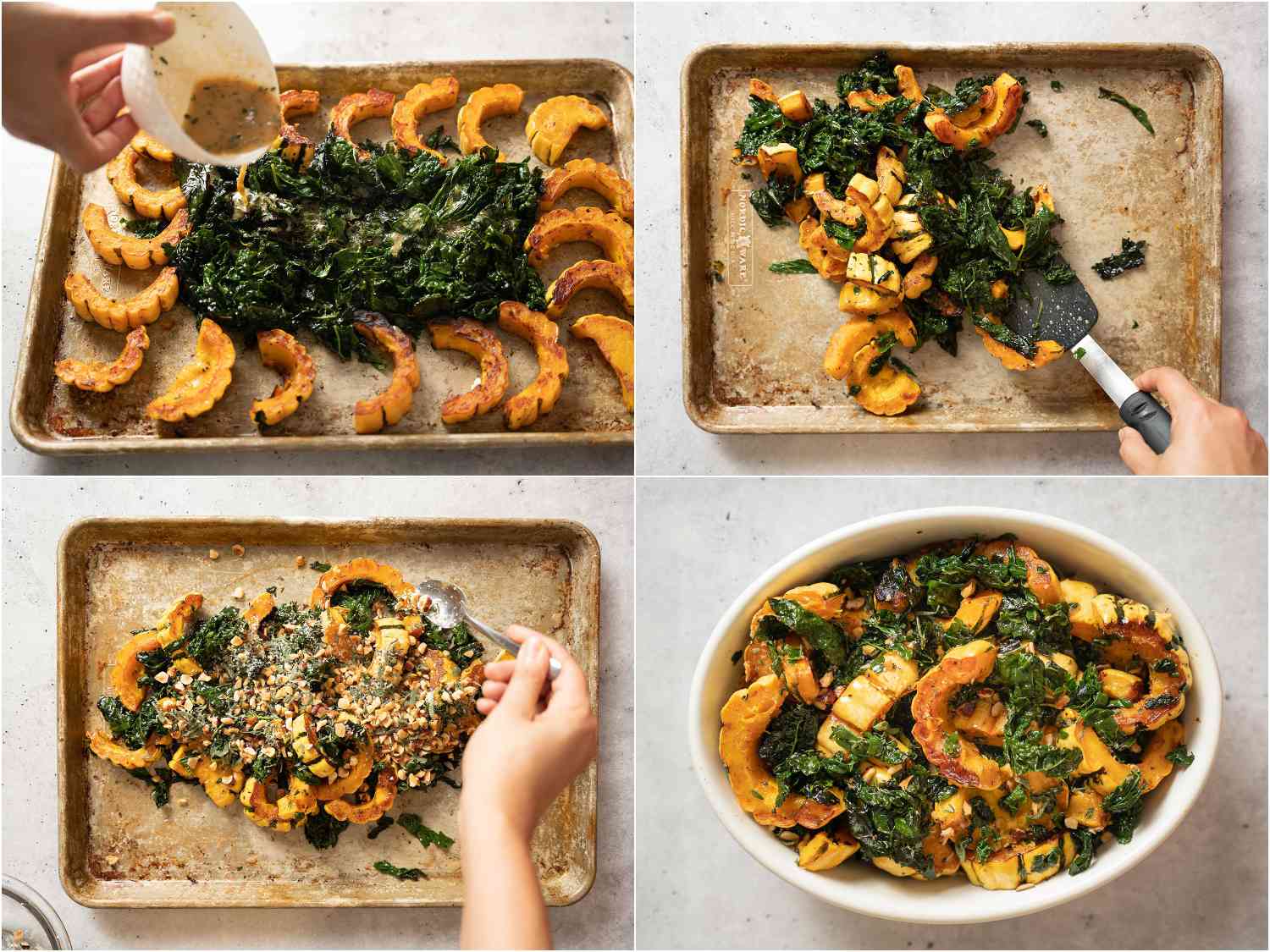 Collage showing how to dress roasted squash and kale with vinaigrette and then topping with hazelnut crumble.