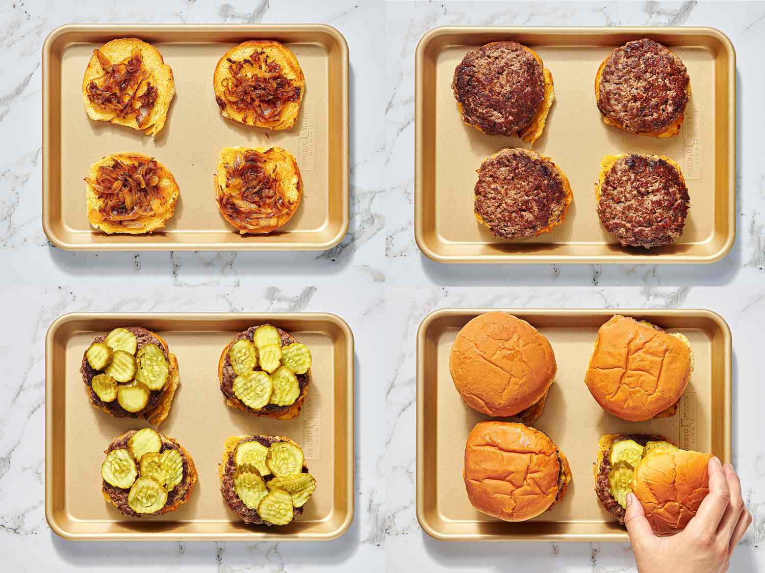 Four image collage of assembling burgers