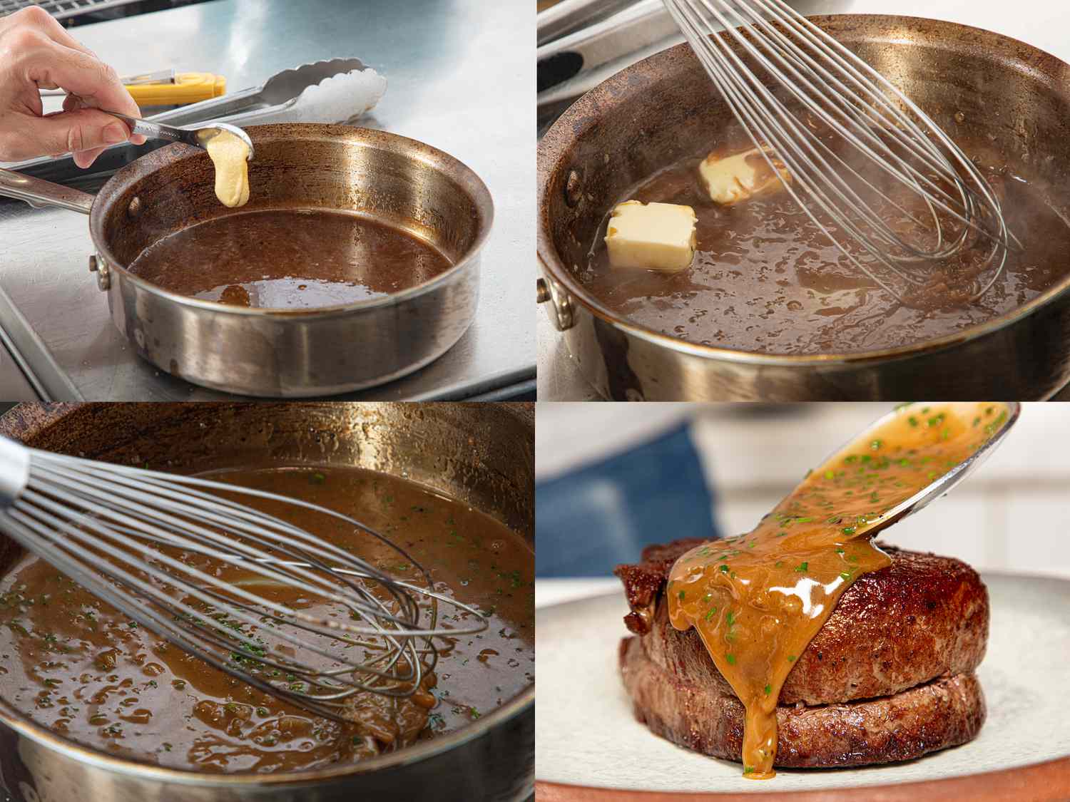 Four image collage of finishing sauce and topping steak with it