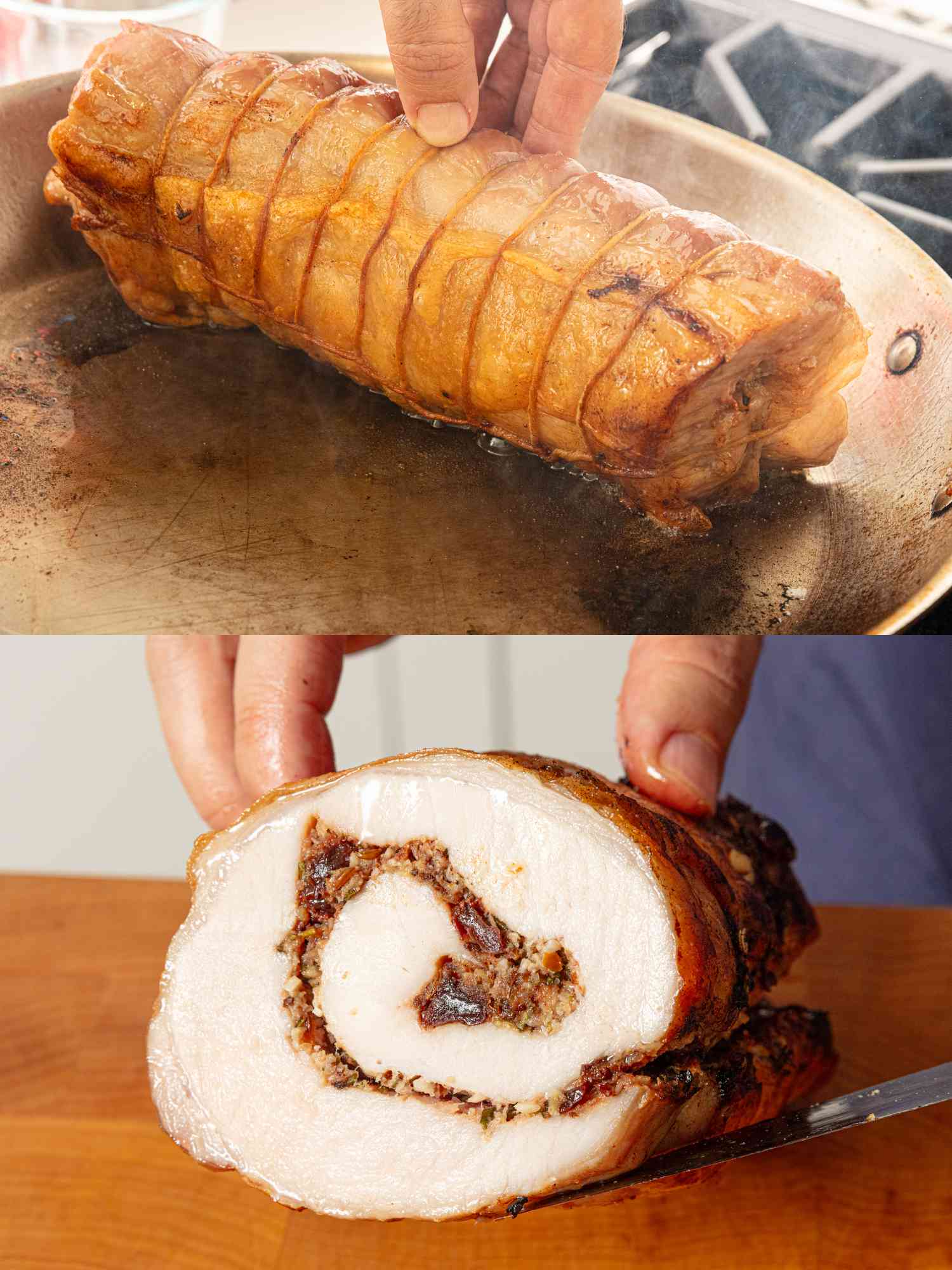 2 image collage. Top: Hand pressing pork loin sizzling on a heated pan. Bottom:Sliced open side view of pork loin, held up with a knife and hand on wooden chopping board 