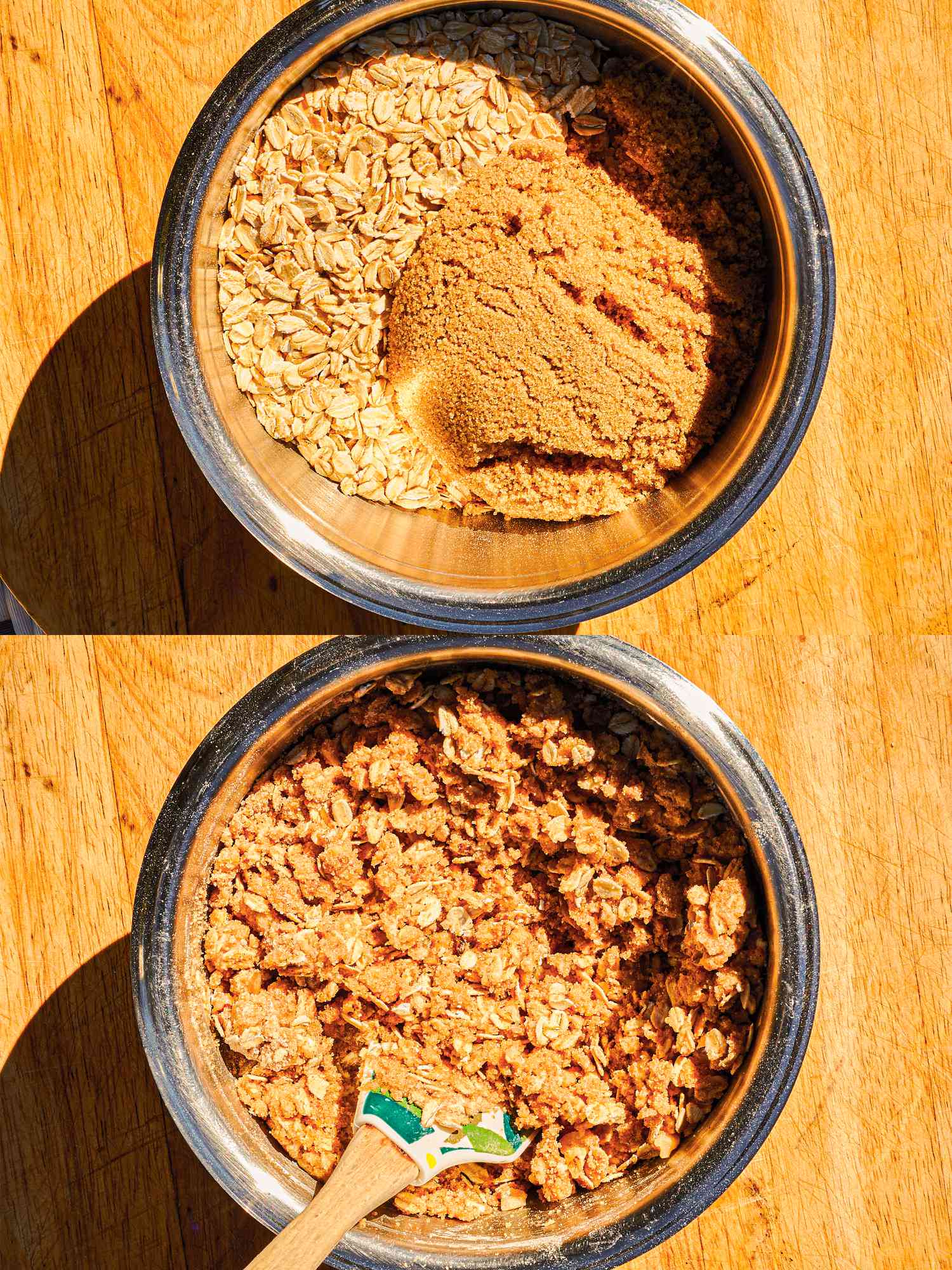 Two image collage of topping mix before and after being combined in a bowl