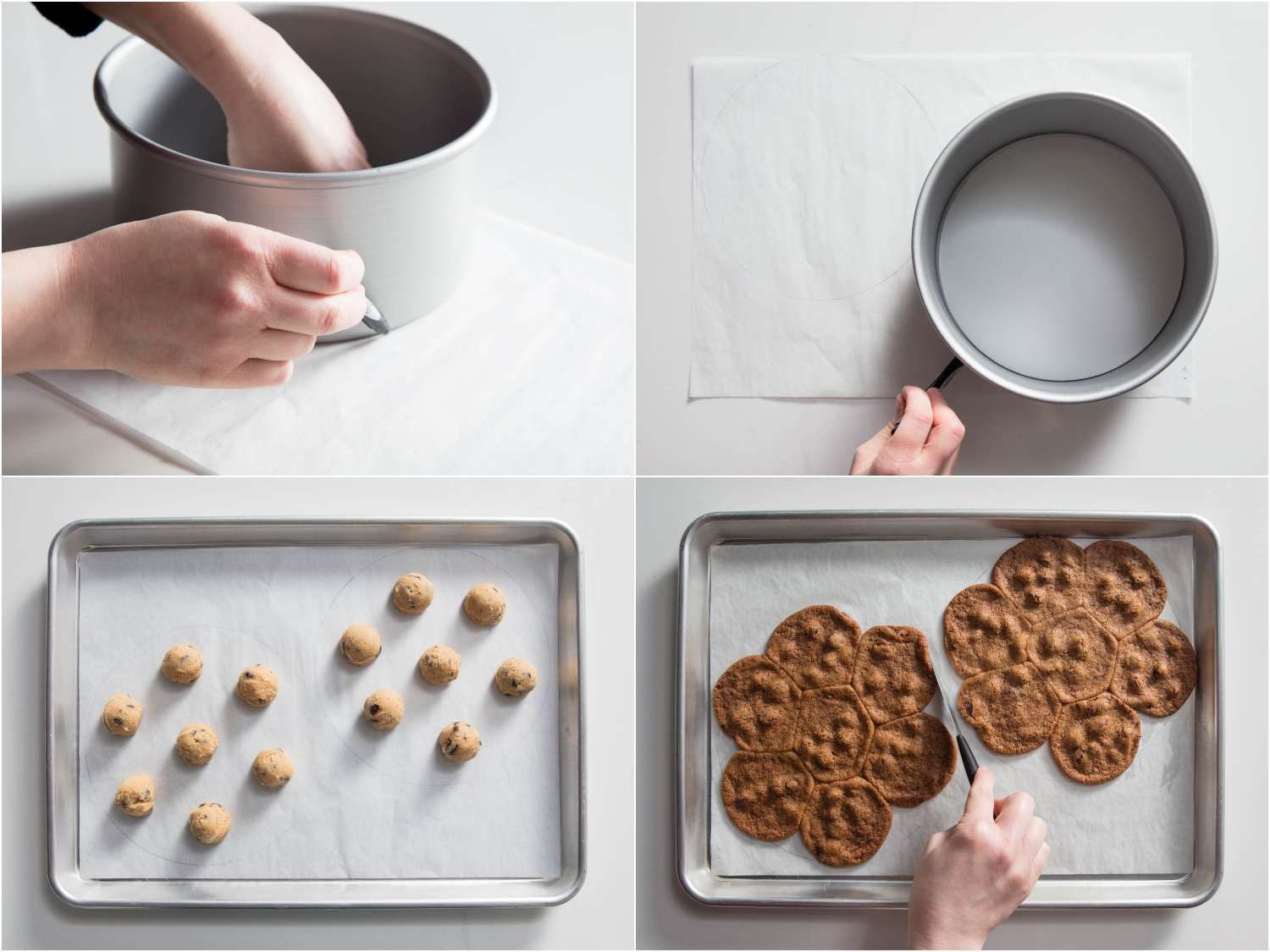 A collage: tracing two circles on a parchment paper, seven portions of cookie dough arranged in a daisy pattern on a baking sheet, and the finished shape of a six petal daisy after baking