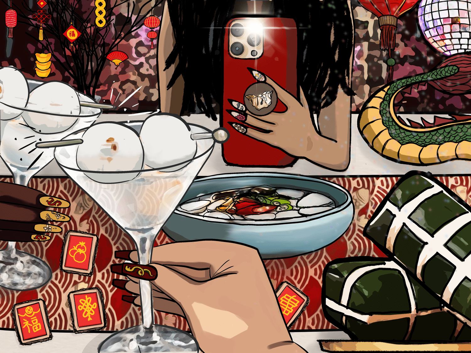 An illustration depicting a Lunar New Year party.
