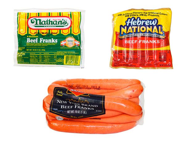 3 retail hot dog packages: Nathan's, Hebrew National, Dietz & Watson New York Brand.