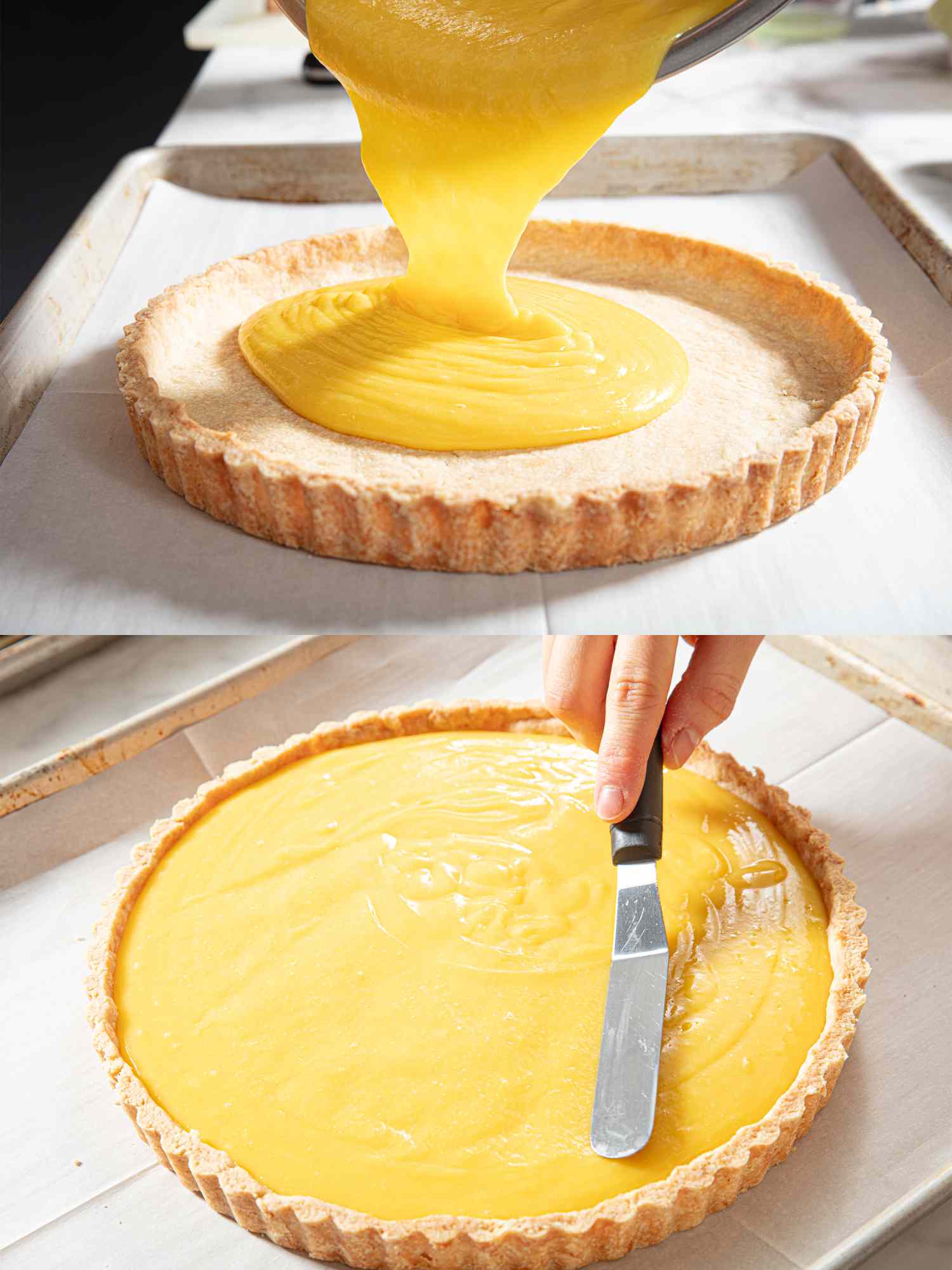 Two image collage of filling pie