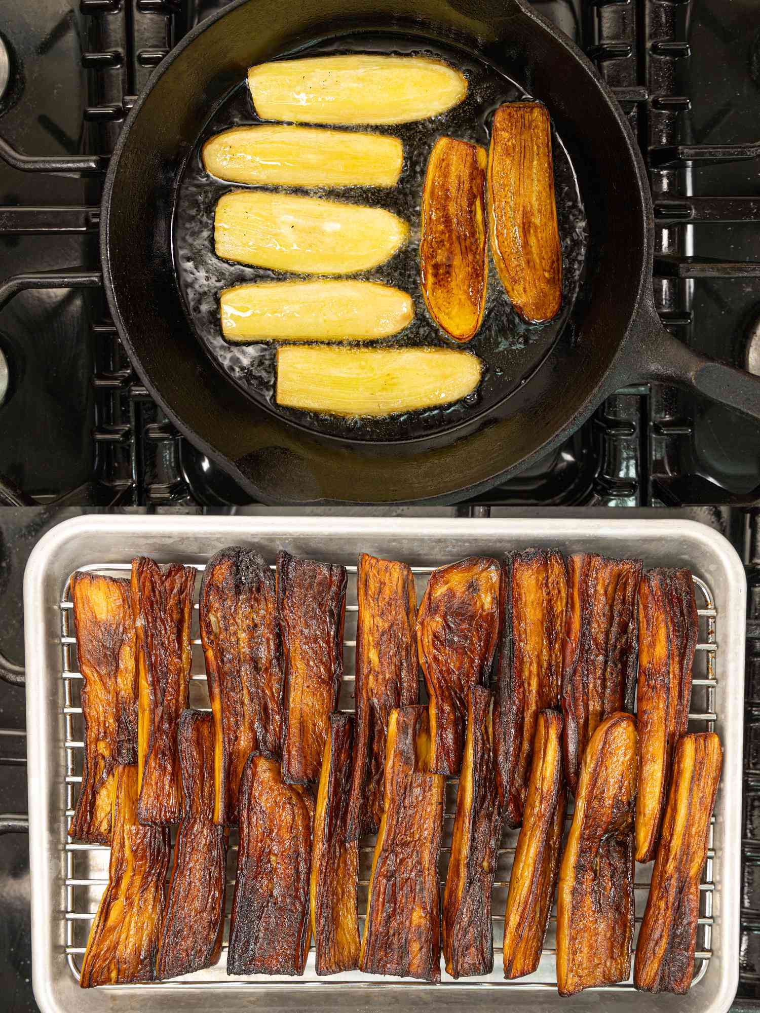 Two image collage of eggplants frying in a cast iron pan and eggplants after being fried