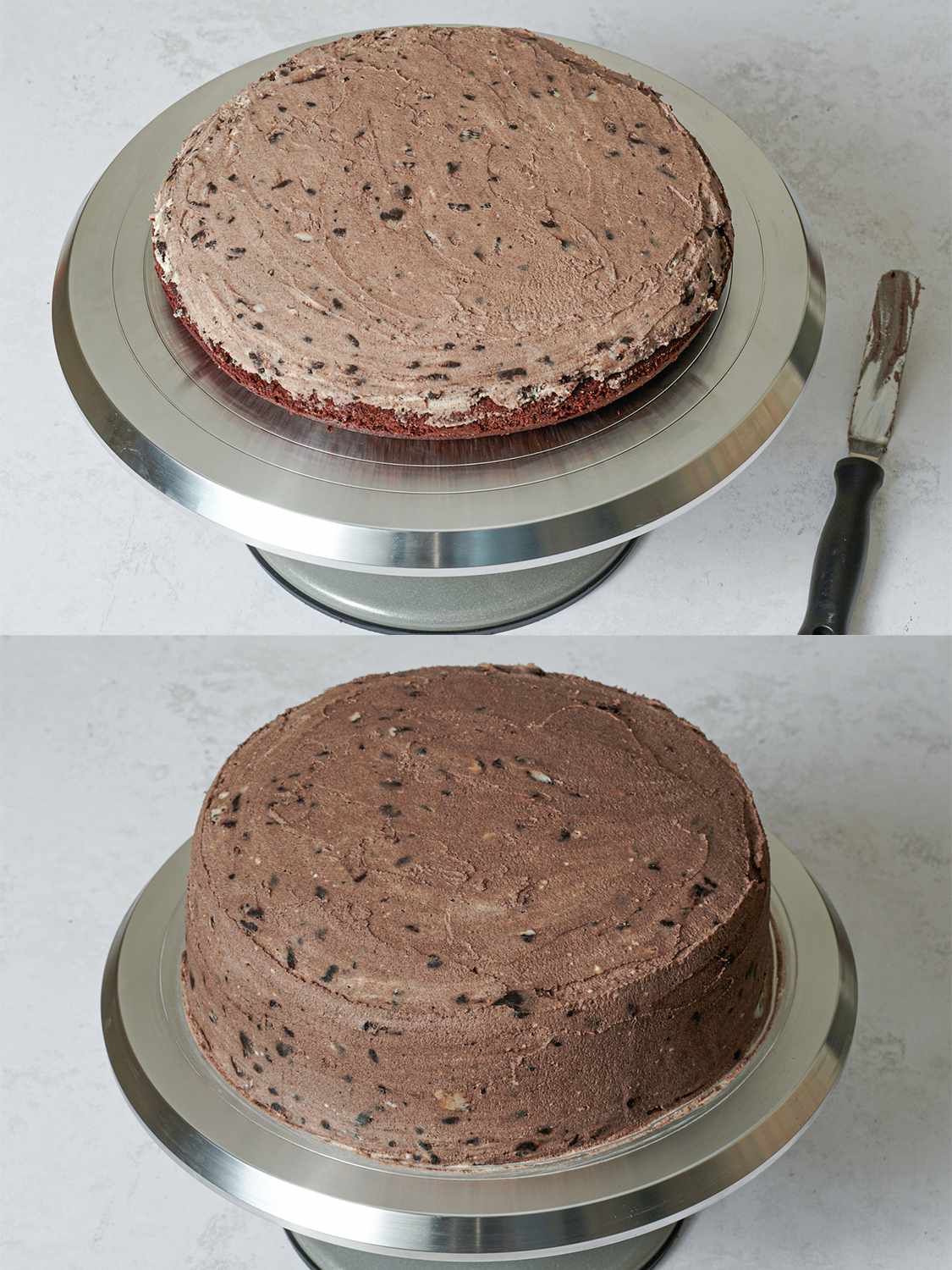 Two image collage of oreo cake being assembled