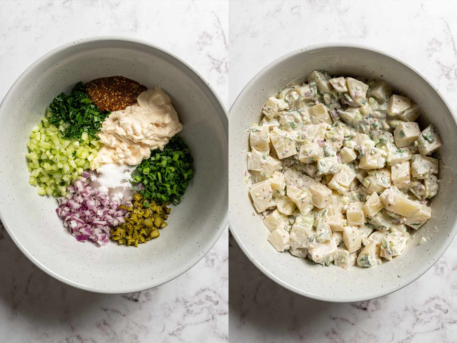 Potato salad dressing ingredients, then tossed with potatoes in large bowl