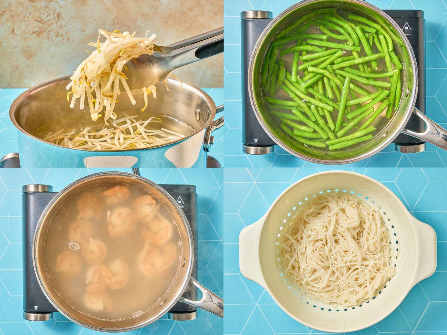 Four stepbystep cooking scenes showing ingredients such as noodles green beans shrimp and bean sprouts in cookware