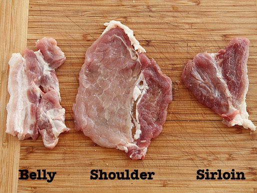 Slices of raw pork belly, shoulder, and sirloin on wooden cutting board
