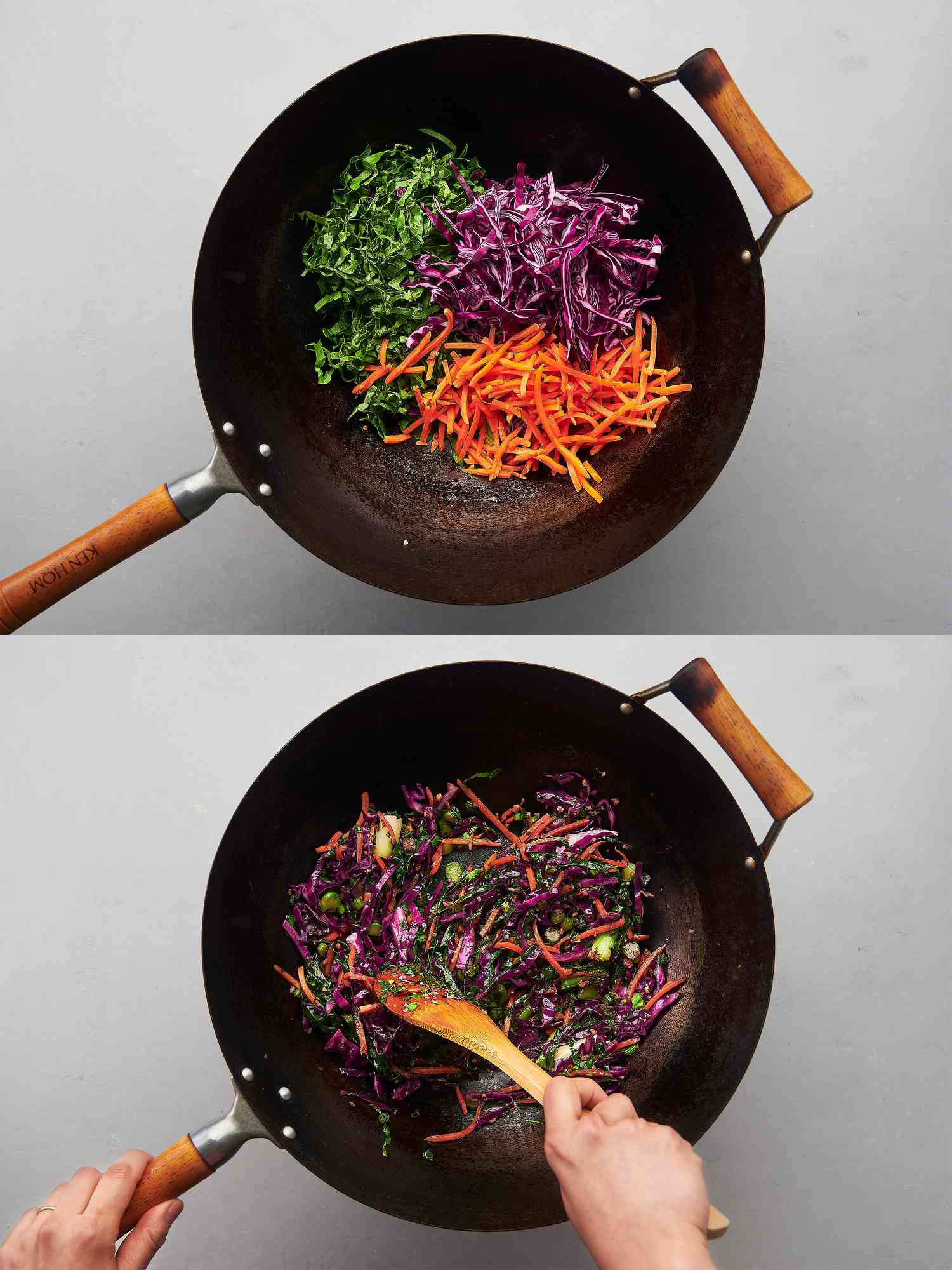 Purple cabbage, Chinese broccoli, and carrots added to ginger, garlic, and white scallion pieces inside wok