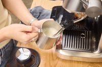A person froths milk using the Breville BES920XL Dual Boiler Espresso Machine