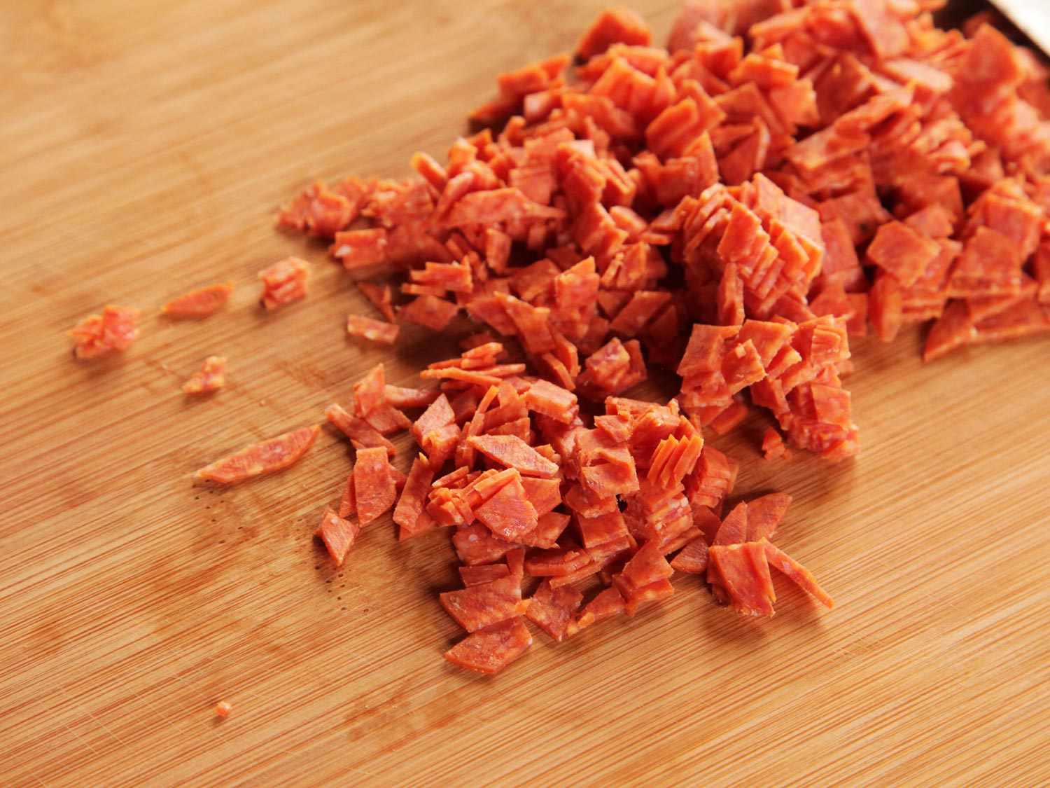 Finely-diced pepperoni squares for pepperoni garlic knots