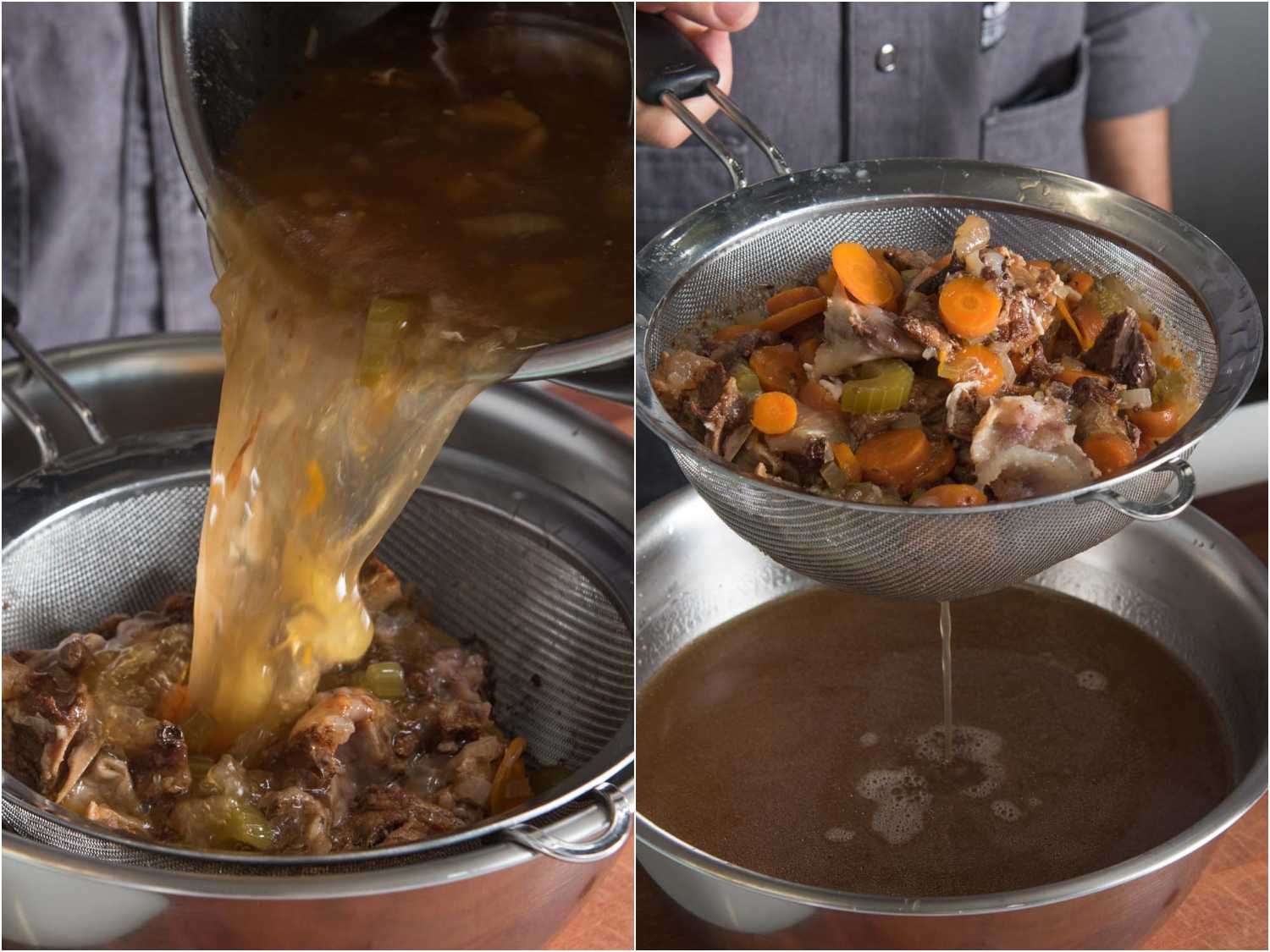 A 2-image collage of pouring beef stock from the cooker to a fine mesh strainer over a large mixing bowl. 