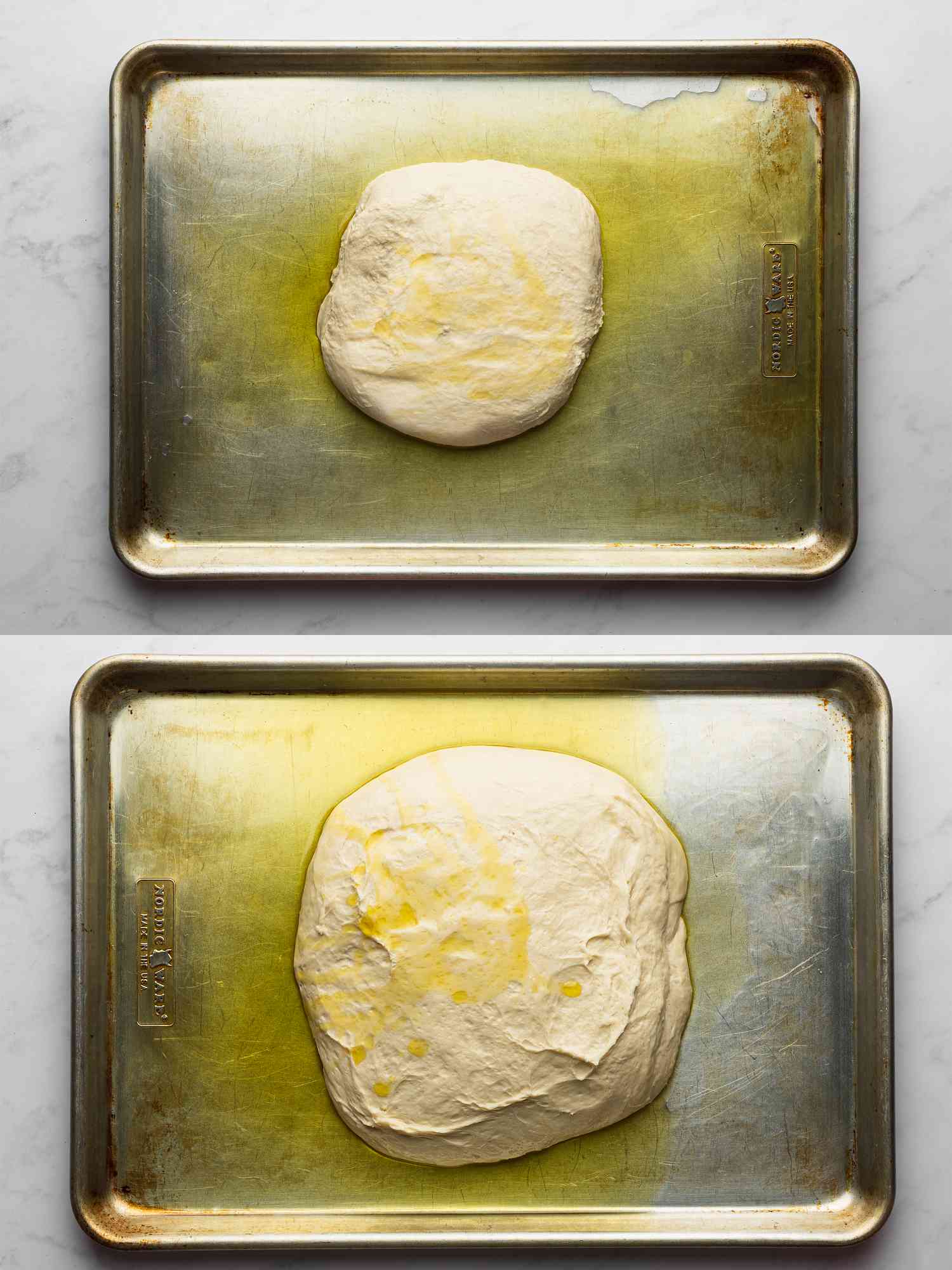 Two image collage of overhead view of dough in oil on a baking sheet before and after rising