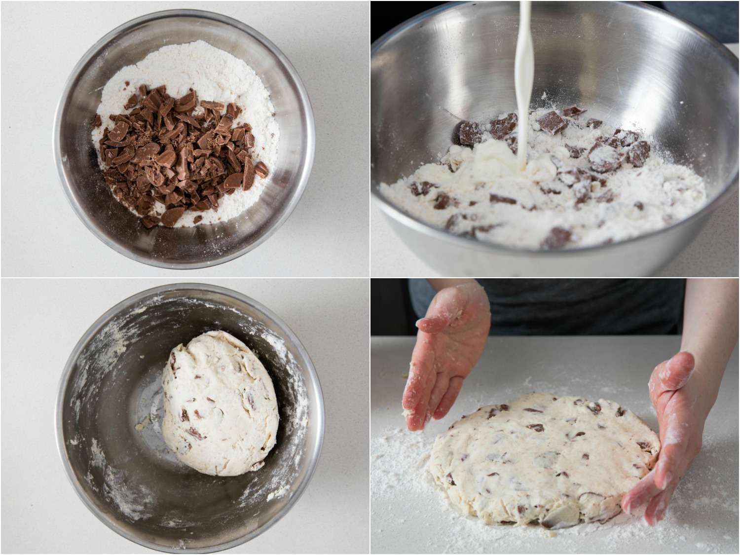 A four-image collage: the top left corner showing chopped chocolate and other dry ingredients in a bowl, the top right image showing cream being poured to the bowl, the bottom left image showing the dough formed into a ball in the bowl and the bottom right showing the dough being shaped into a round shape. 