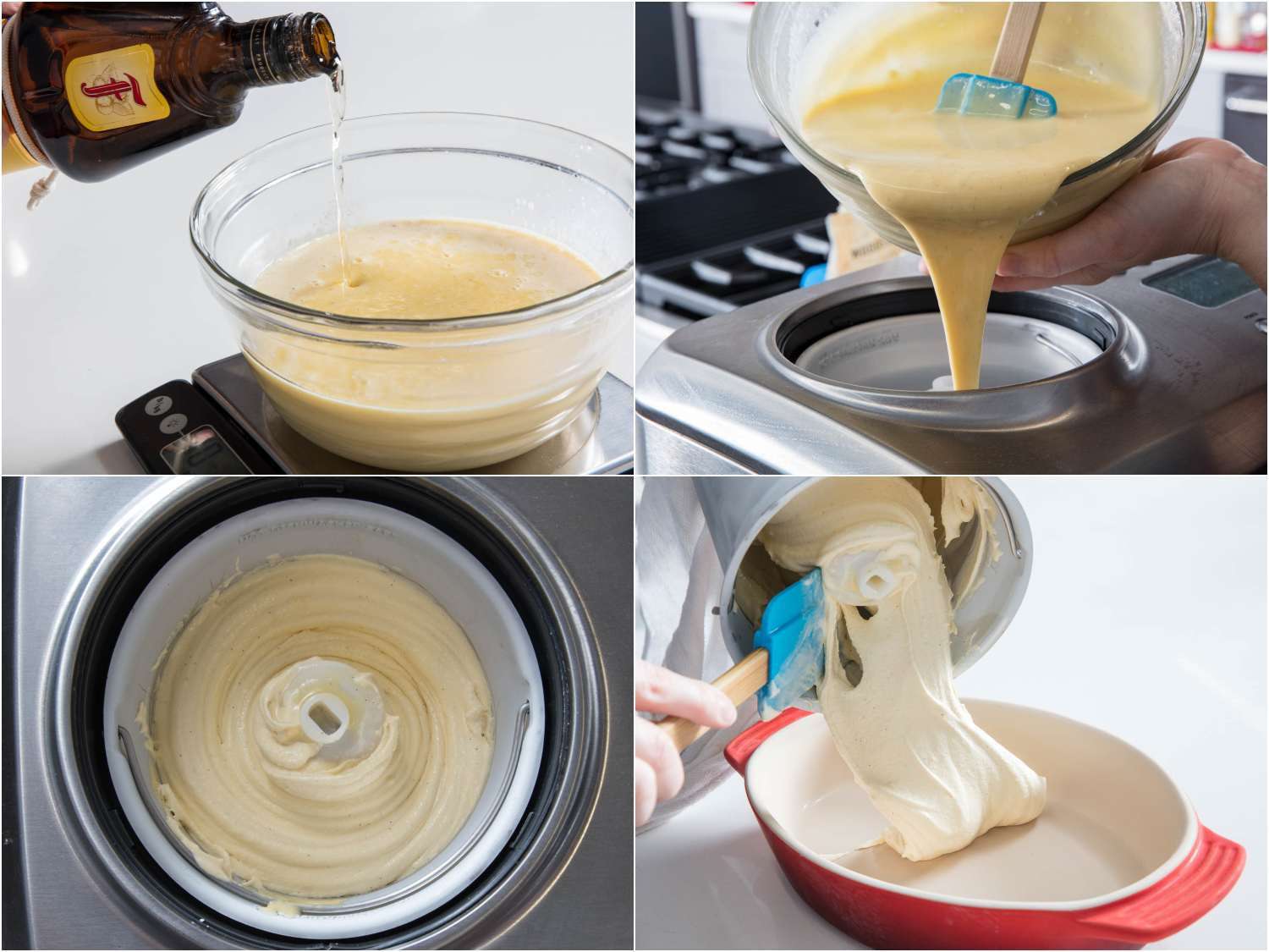 Collage of photos: adding Frangelico to bowl of ice cream base set on a digital scale; pouring custard base into ice cream churner; overhead view of ice cream after it has reached soft-serve consistency; soft-serve consistency ice cream being scraped from ice cream churning canister into ceramic baking dish.