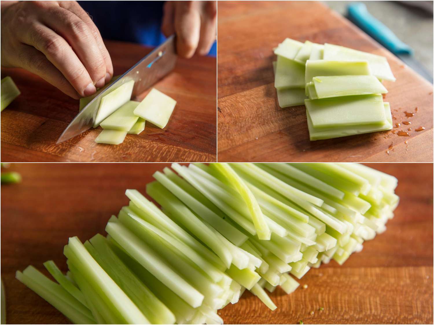 Collage of three images showing slicing broccoli stems into planks and matchsticks.