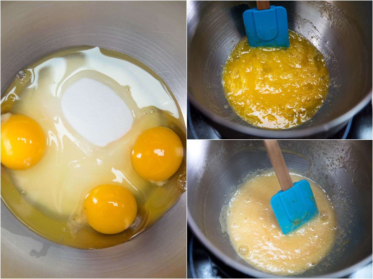 A 4-image collage showing eggs sugar and salt being stirred together with a spatula in the bowl of a stand mixer.