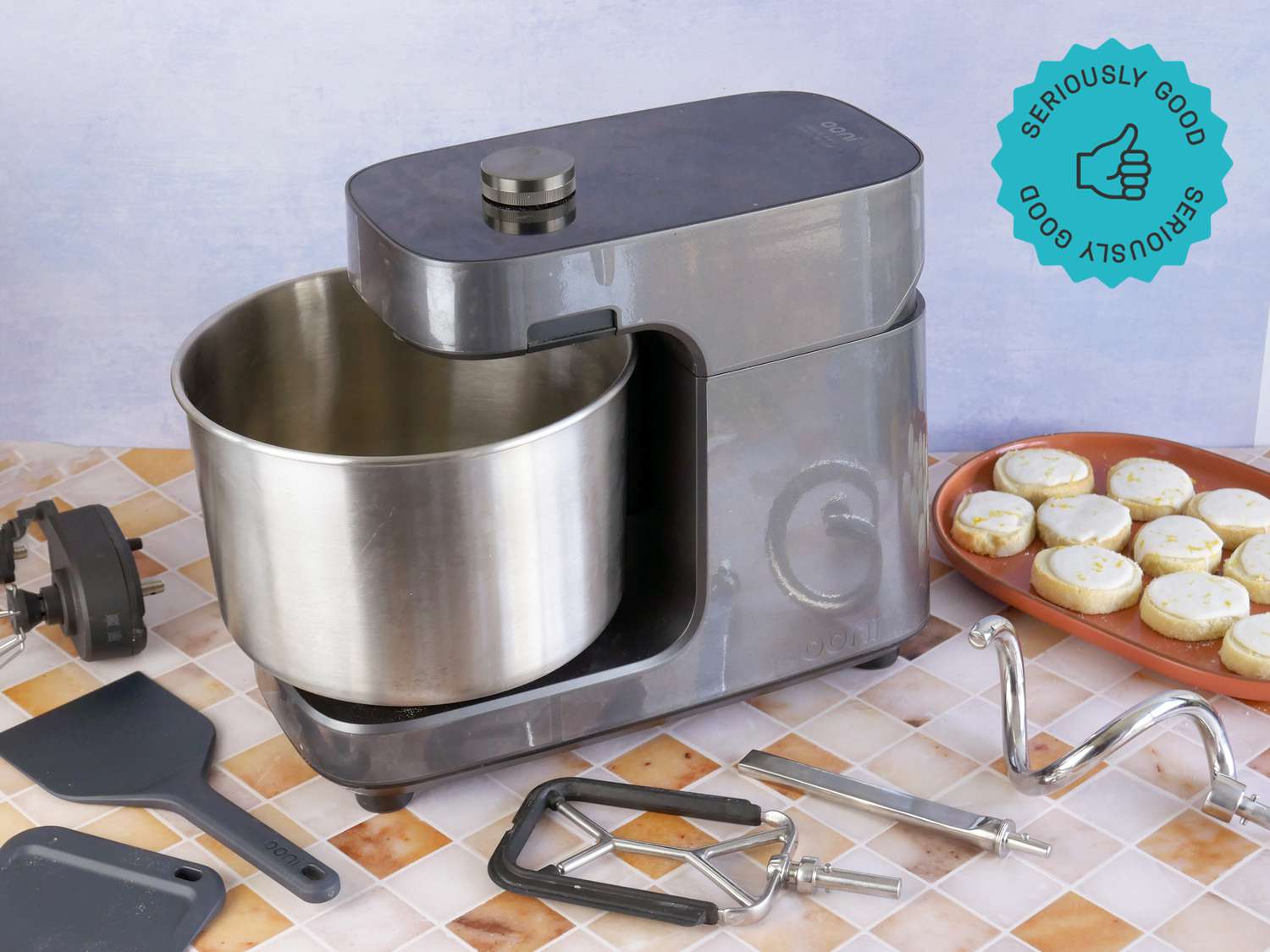 the ooni stand mixer with its attachments and a plate of cookies