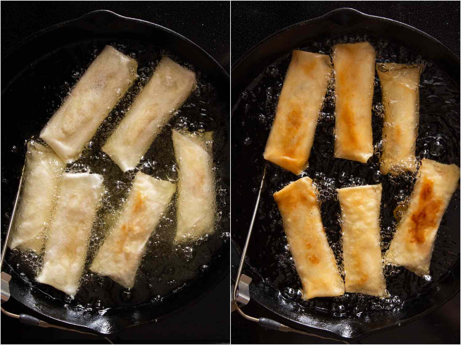 frying turon in oil in a cast iron pan
